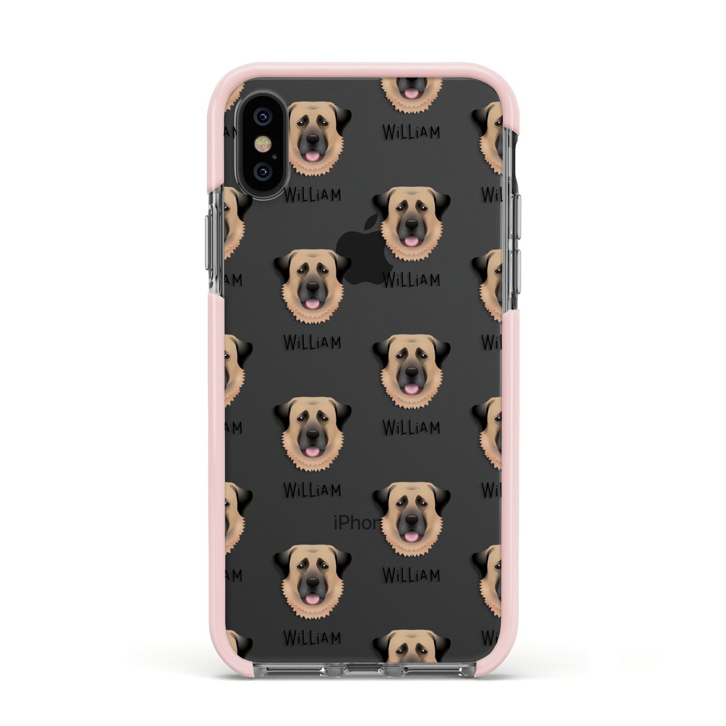 Dog Icon with Name Apple iPhone Xs Impact Case Pink Edge on Black Phone