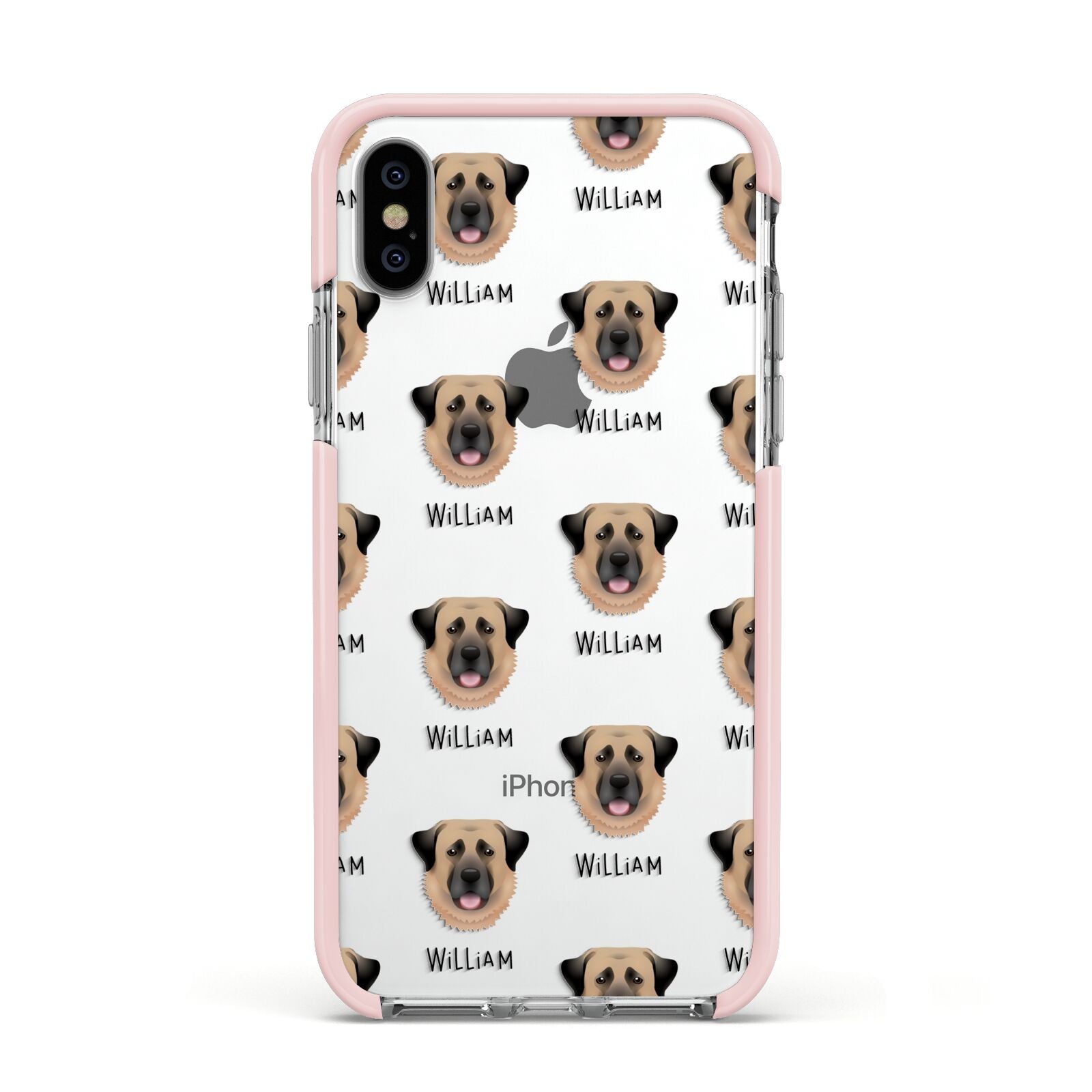 Dog Icon with Name Apple iPhone Xs Impact Case Pink Edge on Silver Phone