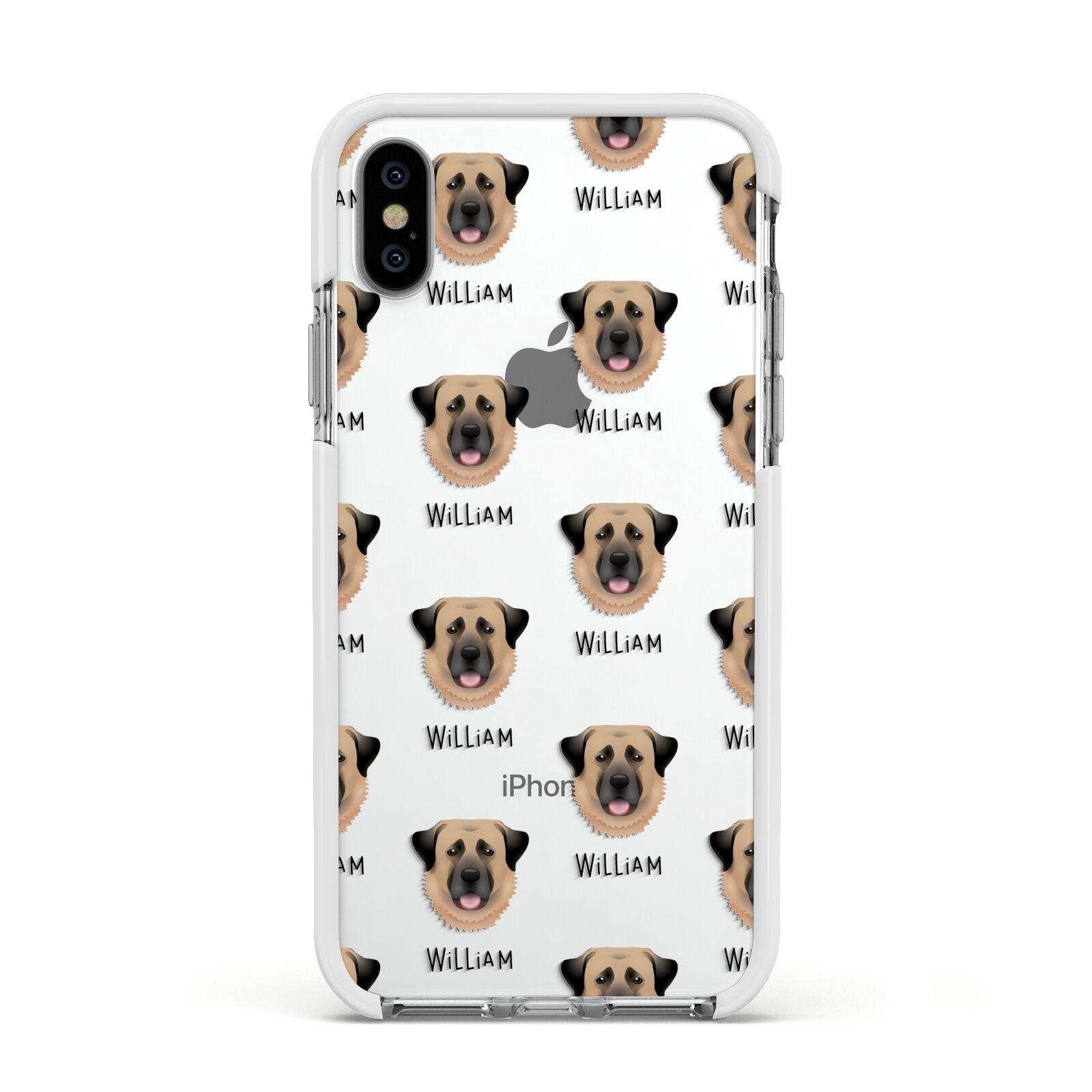 Dog Icon with Name Apple iPhone Xs Impact Case White Edge on Silver Phone
