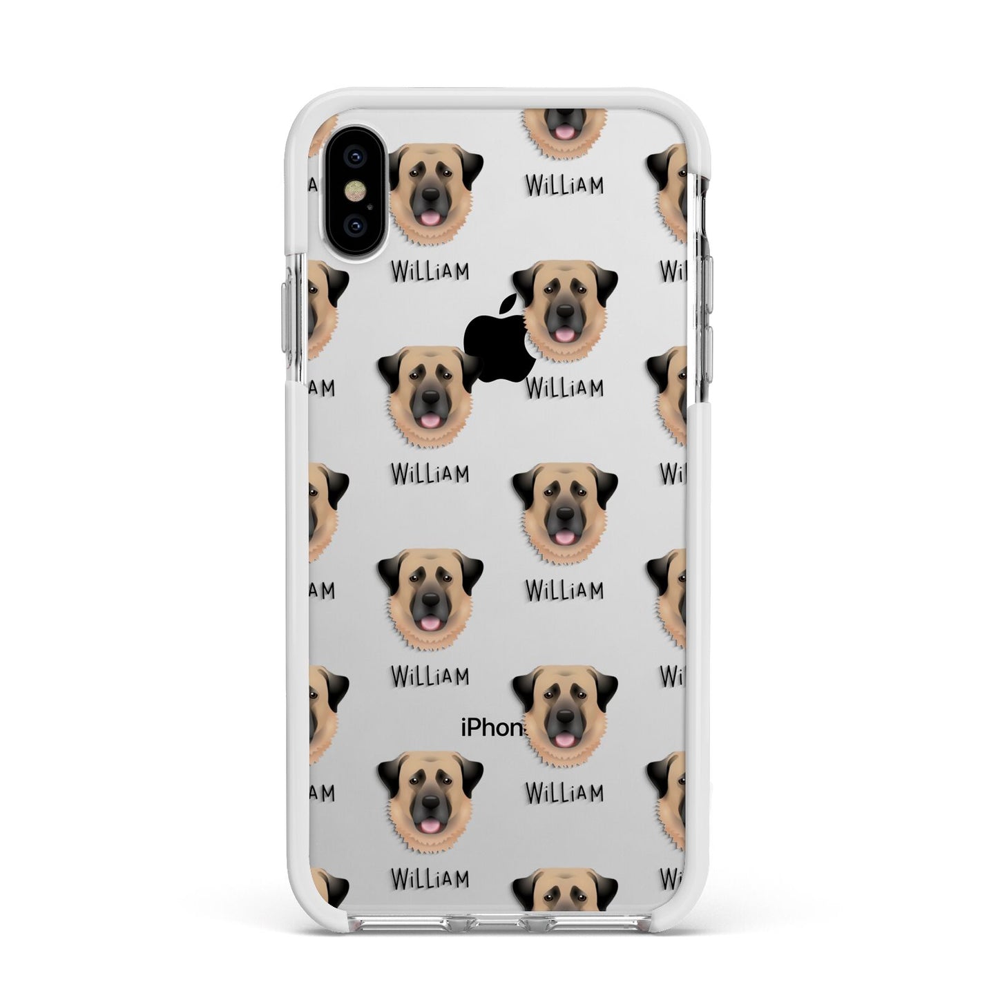 Dog Icon with Name Apple iPhone Xs Max Impact Case White Edge on Silver Phone