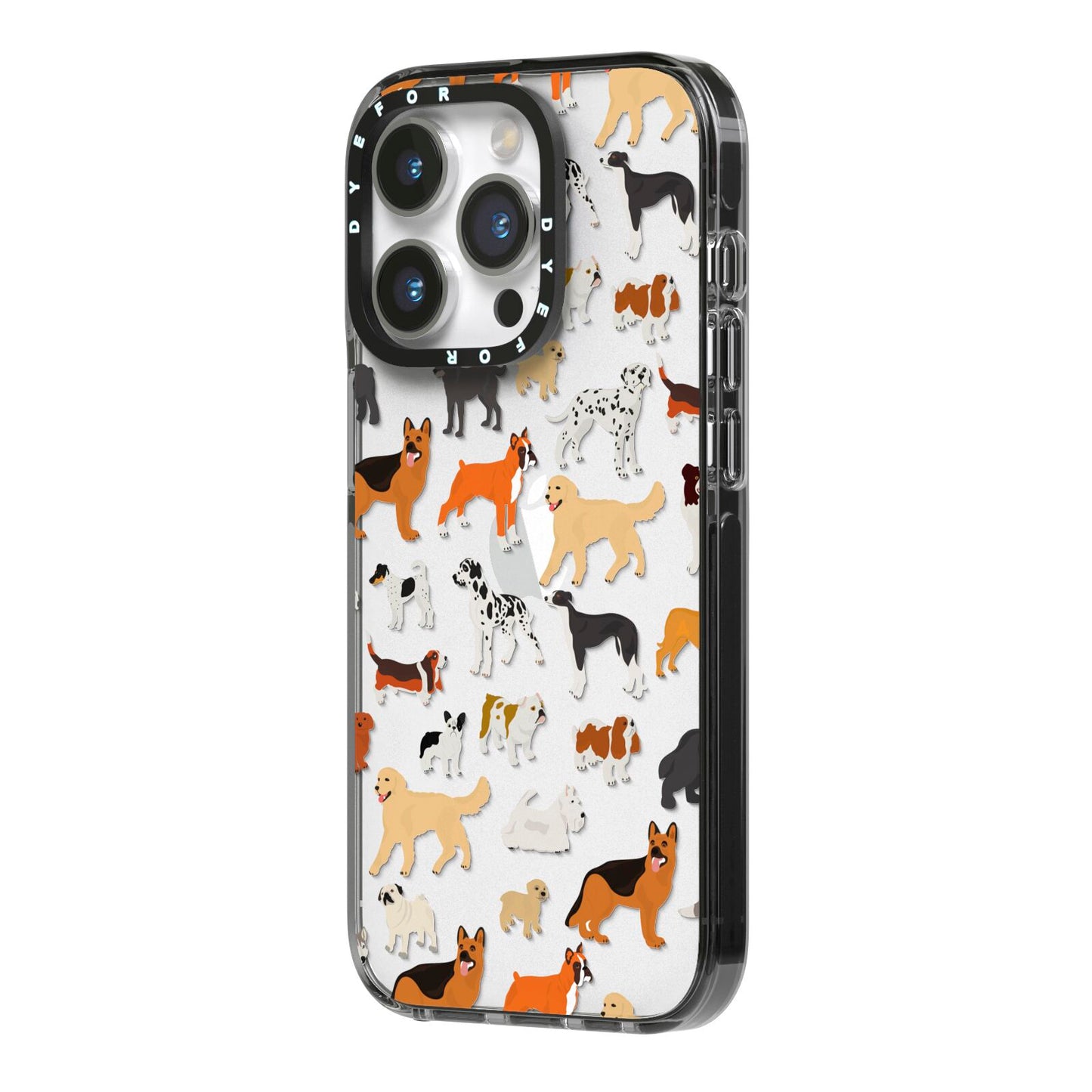 Dog Illustration iPhone 14 Pro Black Impact Case Side Angle on Silver phone