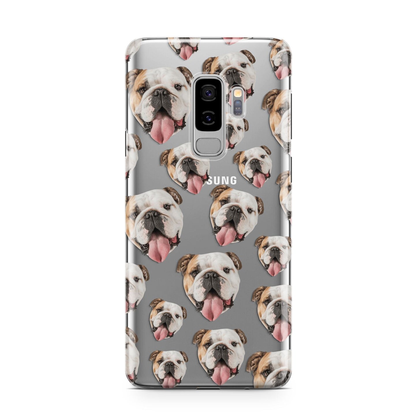 Dog Photo Face Samsung Galaxy S9 Plus Case on Silver phone