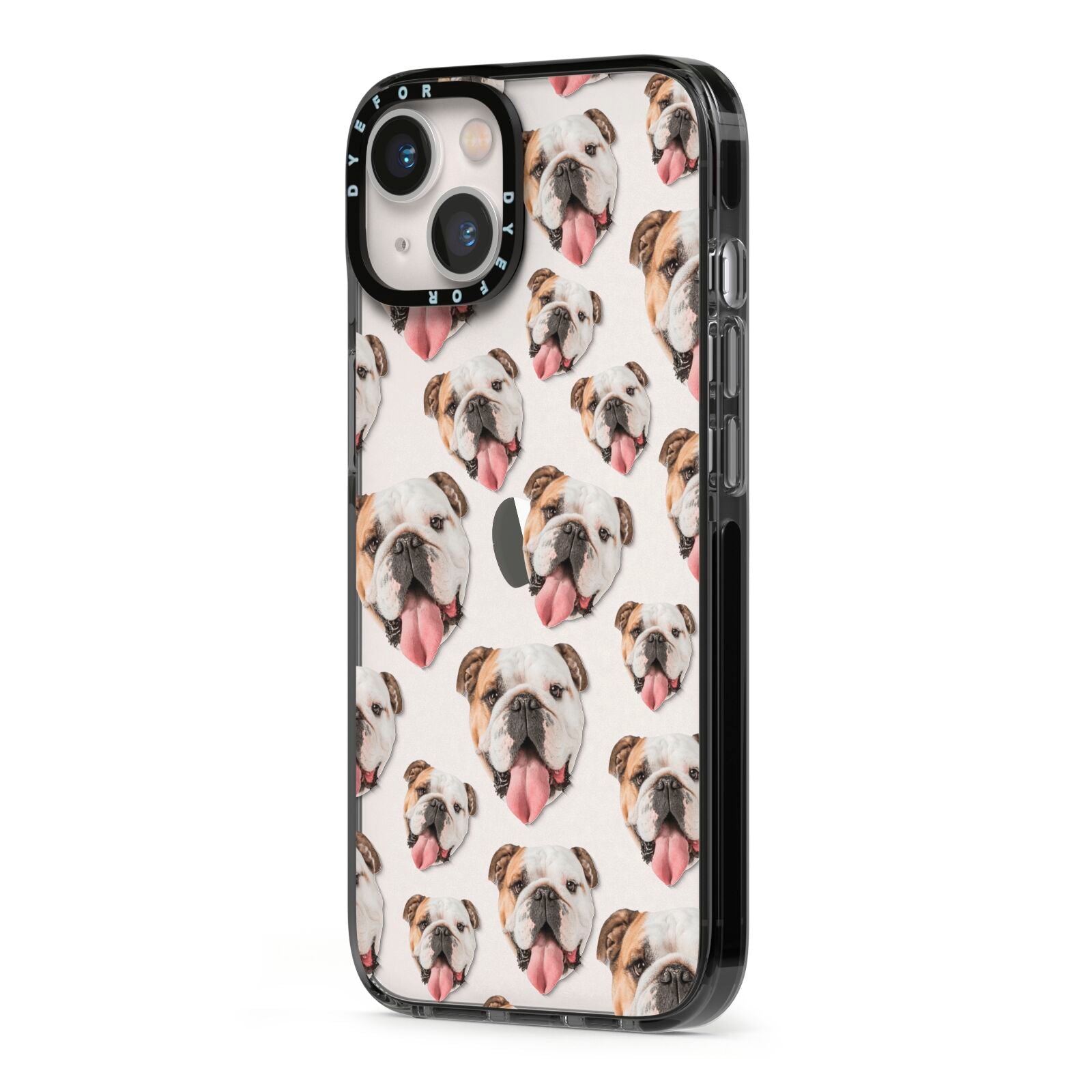 Dog Photo Face iPhone 13 Black Impact Case Side Angle on Silver phone