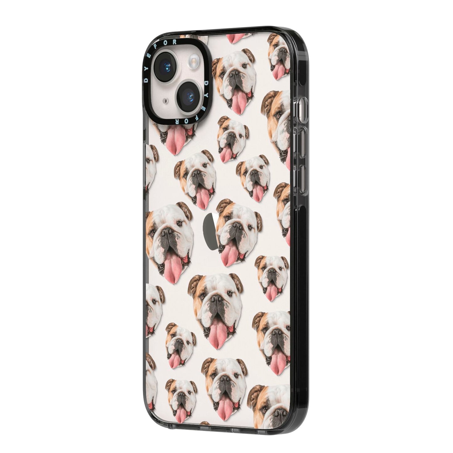Dog Photo Face iPhone 14 Plus Black Impact Case Side Angle on Silver phone