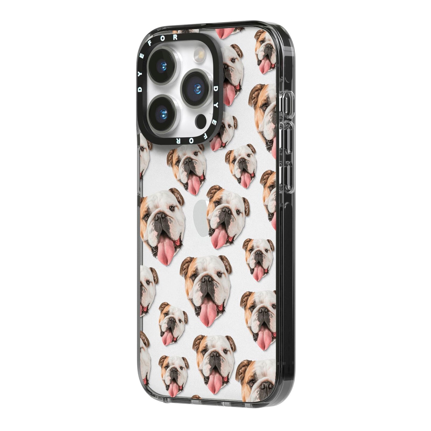 Dog Photo Face iPhone 14 Pro Black Impact Case Side Angle on Silver phone