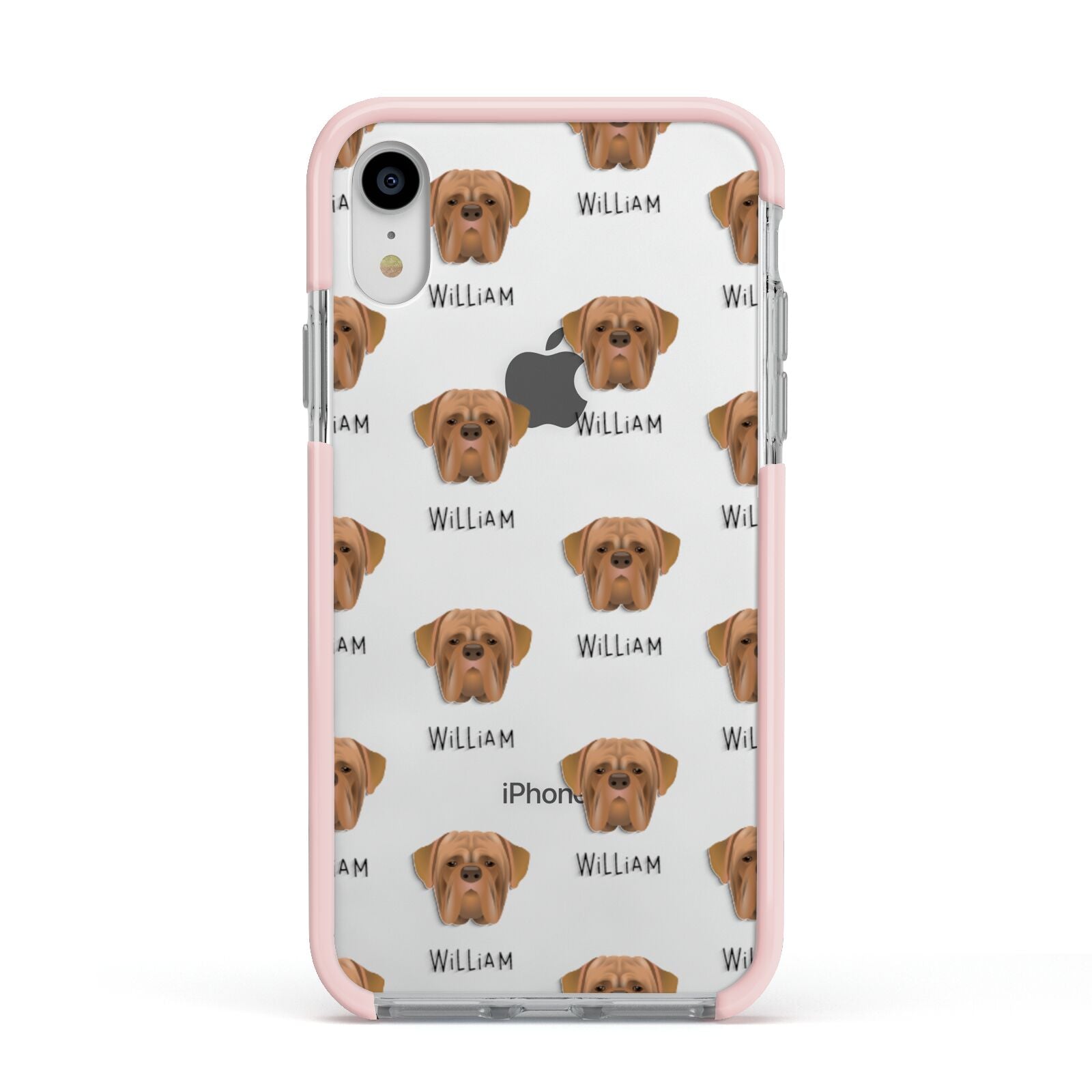 Dogue de Bordeaux Icon with Name Apple iPhone XR Impact Case Pink Edge on Silver Phone