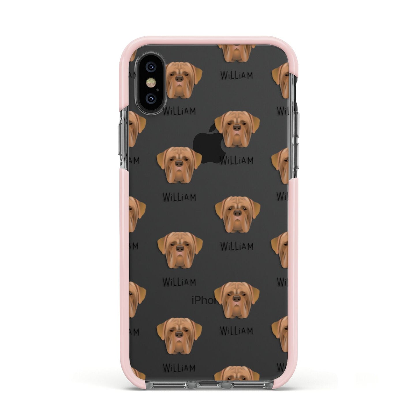 Dogue de Bordeaux Icon with Name Apple iPhone Xs Impact Case Pink Edge on Black Phone