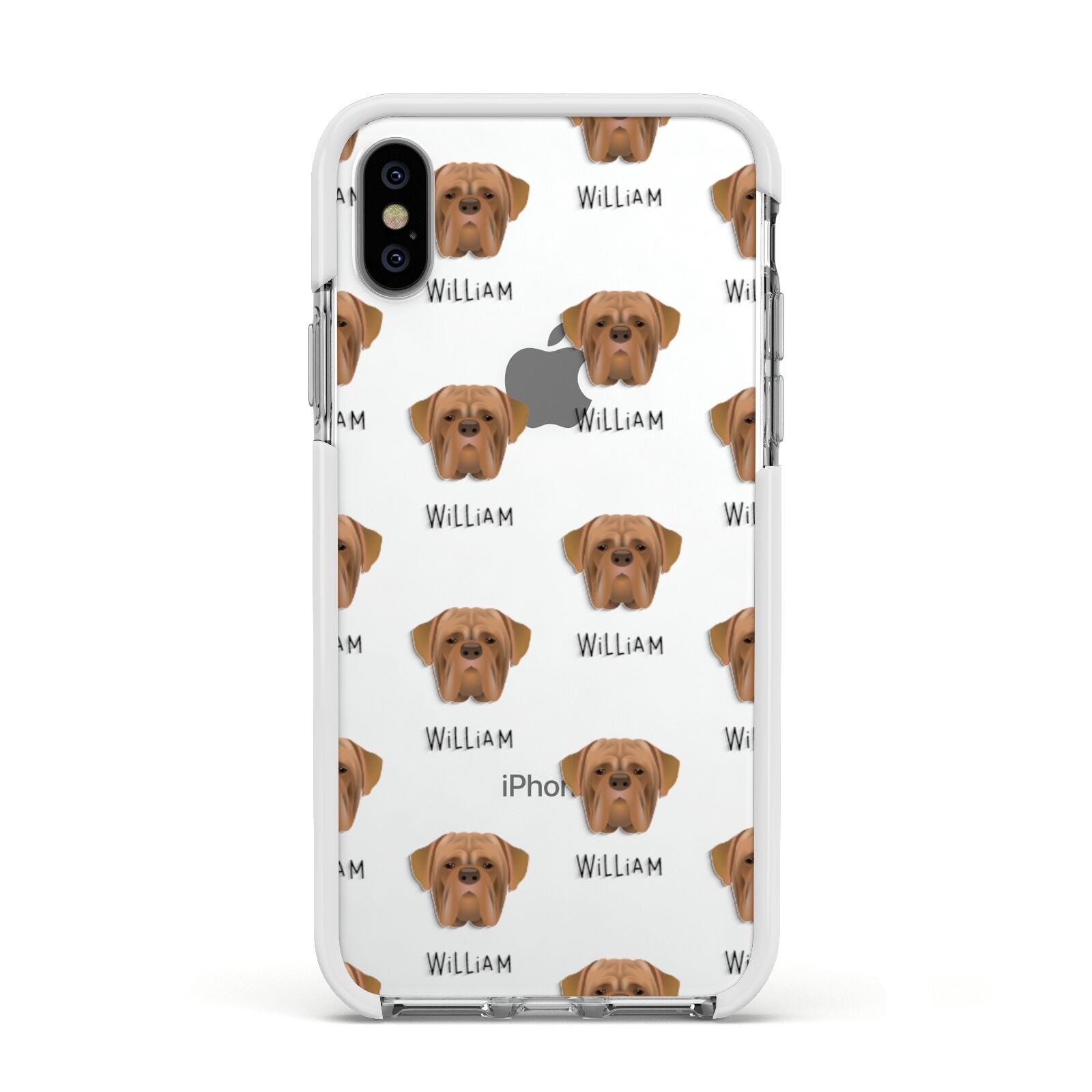 Dogue de Bordeaux Icon with Name Apple iPhone Xs Impact Case White Edge on Silver Phone