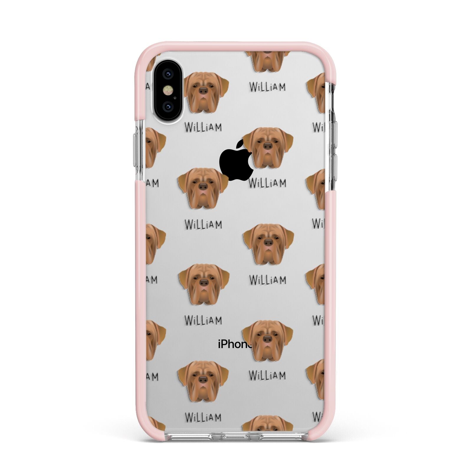 Dogue de Bordeaux Icon with Name Apple iPhone Xs Max Impact Case Pink Edge on Silver Phone