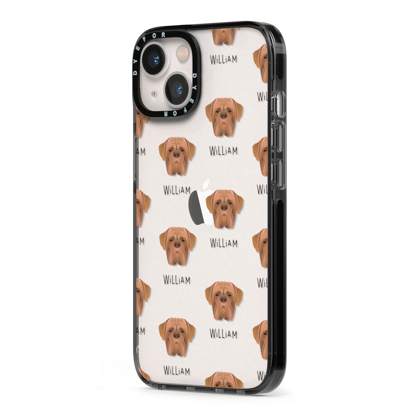 Dogue de Bordeaux Icon with Name iPhone 13 Black Impact Case Side Angle on Silver phone