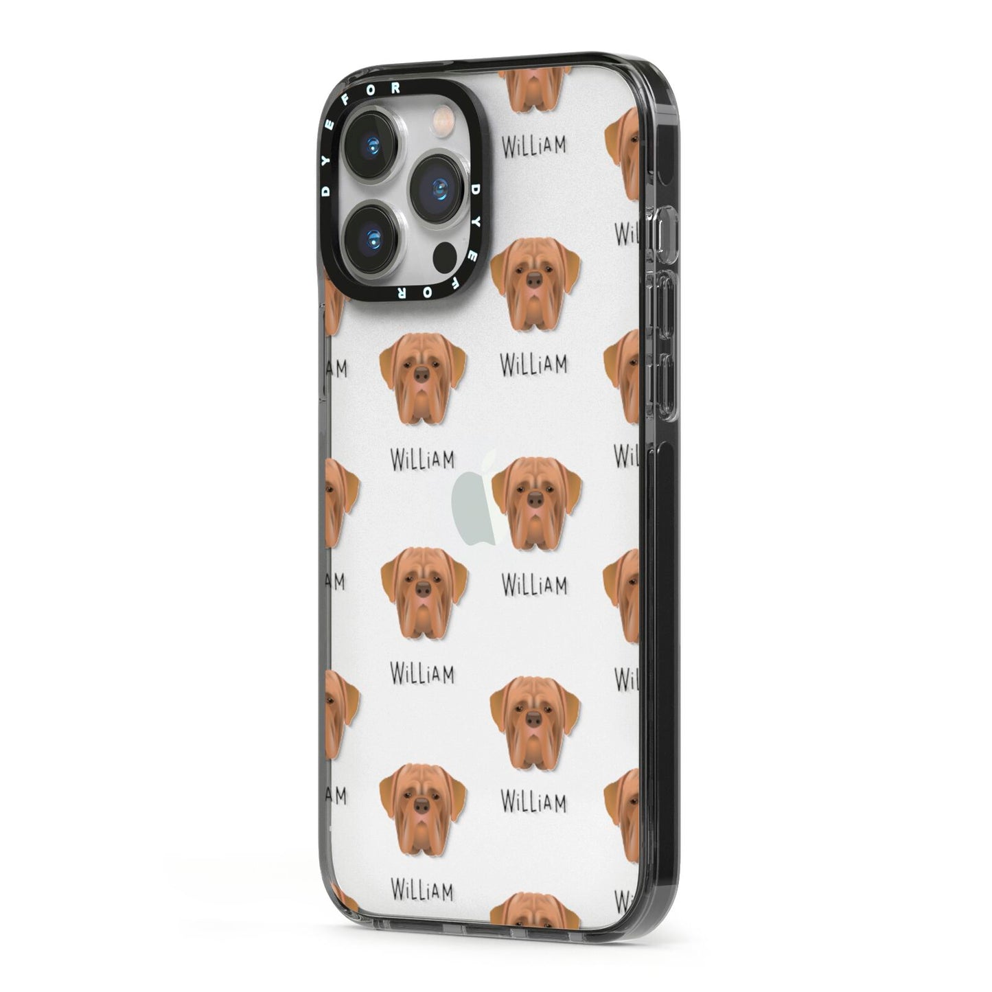 Dogue de Bordeaux Icon with Name iPhone 13 Pro Max Black Impact Case Side Angle on Silver phone