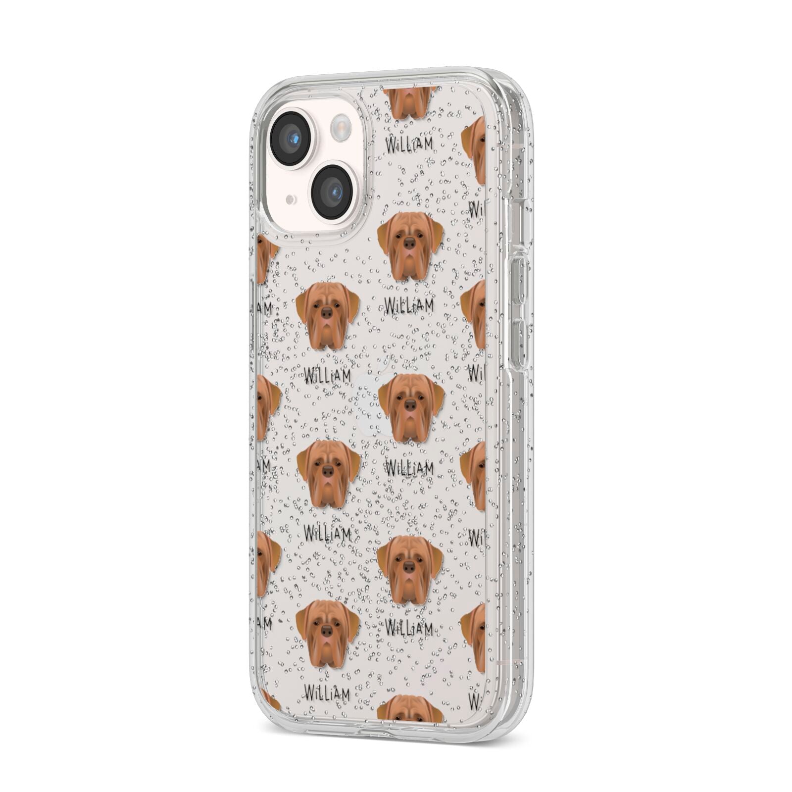 Dogue de Bordeaux Icon with Name iPhone 14 Glitter Tough Case Starlight Angled Image