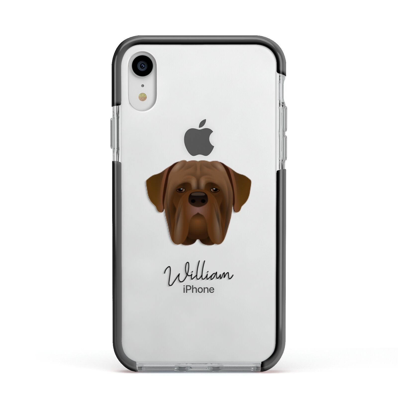 Dogue de Bordeaux Personalised Apple iPhone XR Impact Case Black Edge on Silver Phone