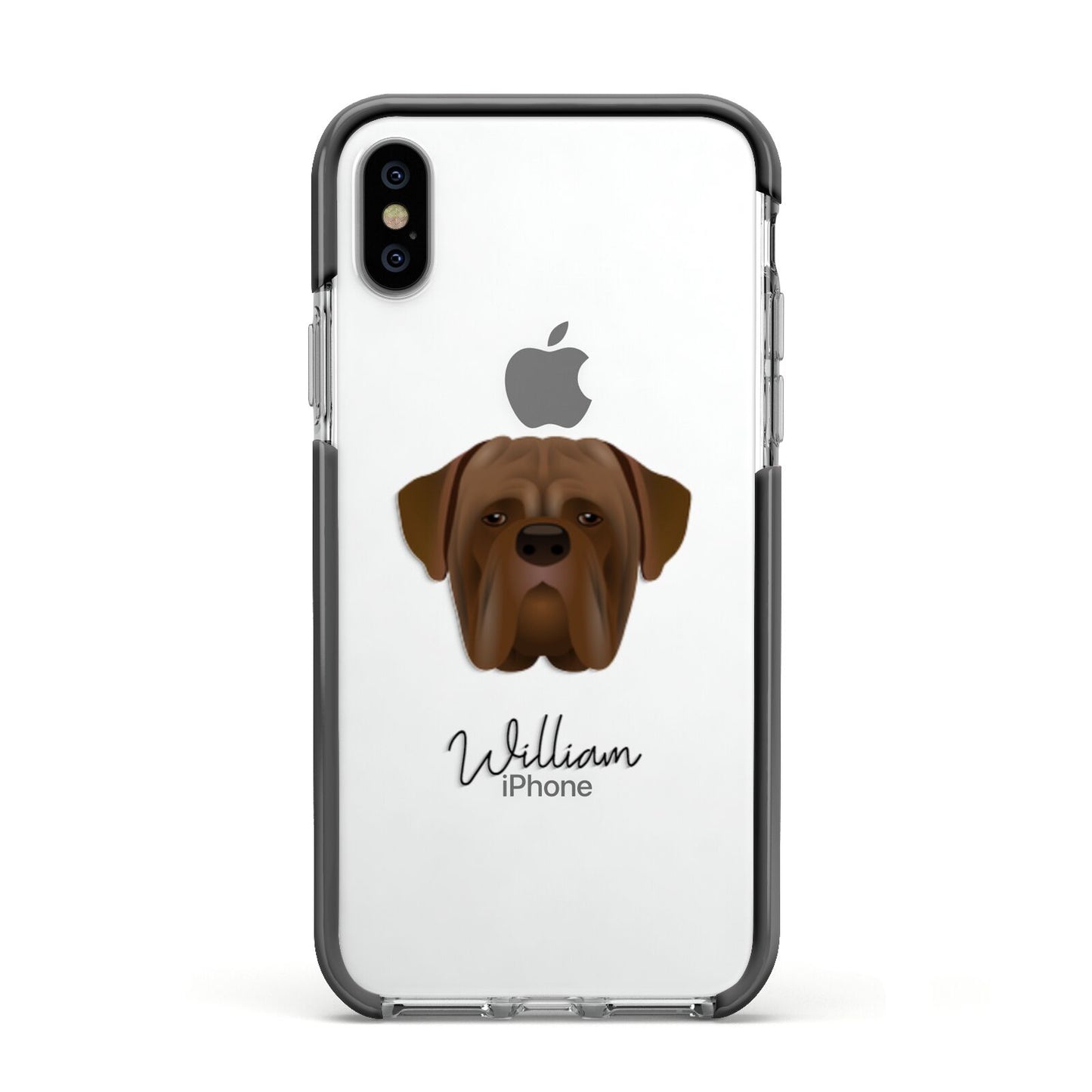 Dogue de Bordeaux Personalised Apple iPhone Xs Impact Case Black Edge on Silver Phone