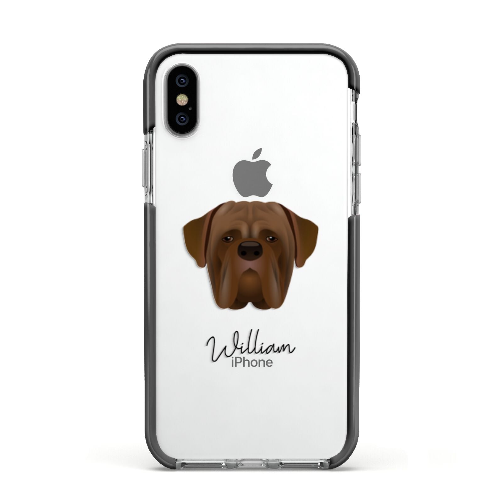 Dogue de Bordeaux Personalised Apple iPhone Xs Impact Case Black Edge on Silver Phone