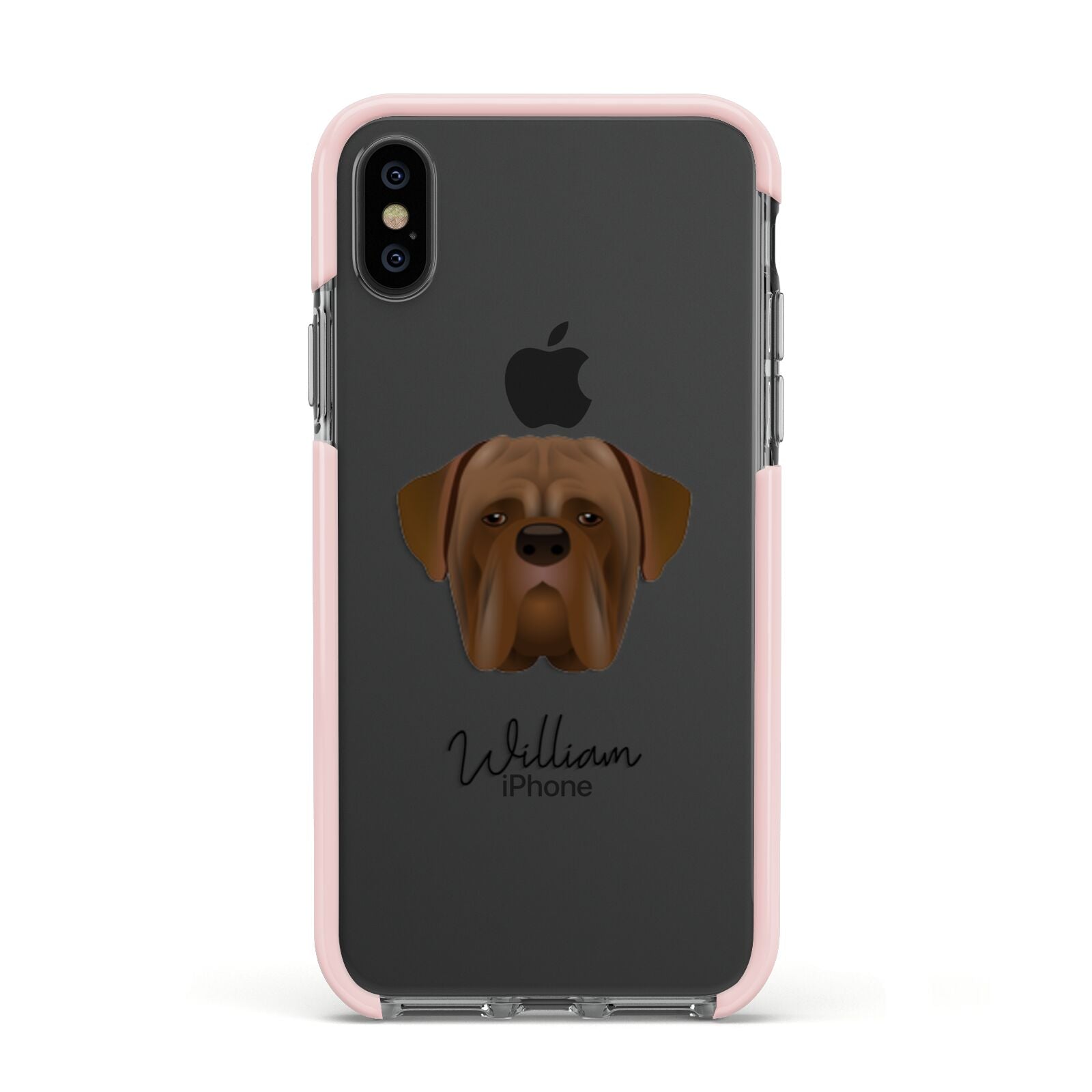 Dogue de Bordeaux Personalised Apple iPhone Xs Impact Case Pink Edge on Black Phone