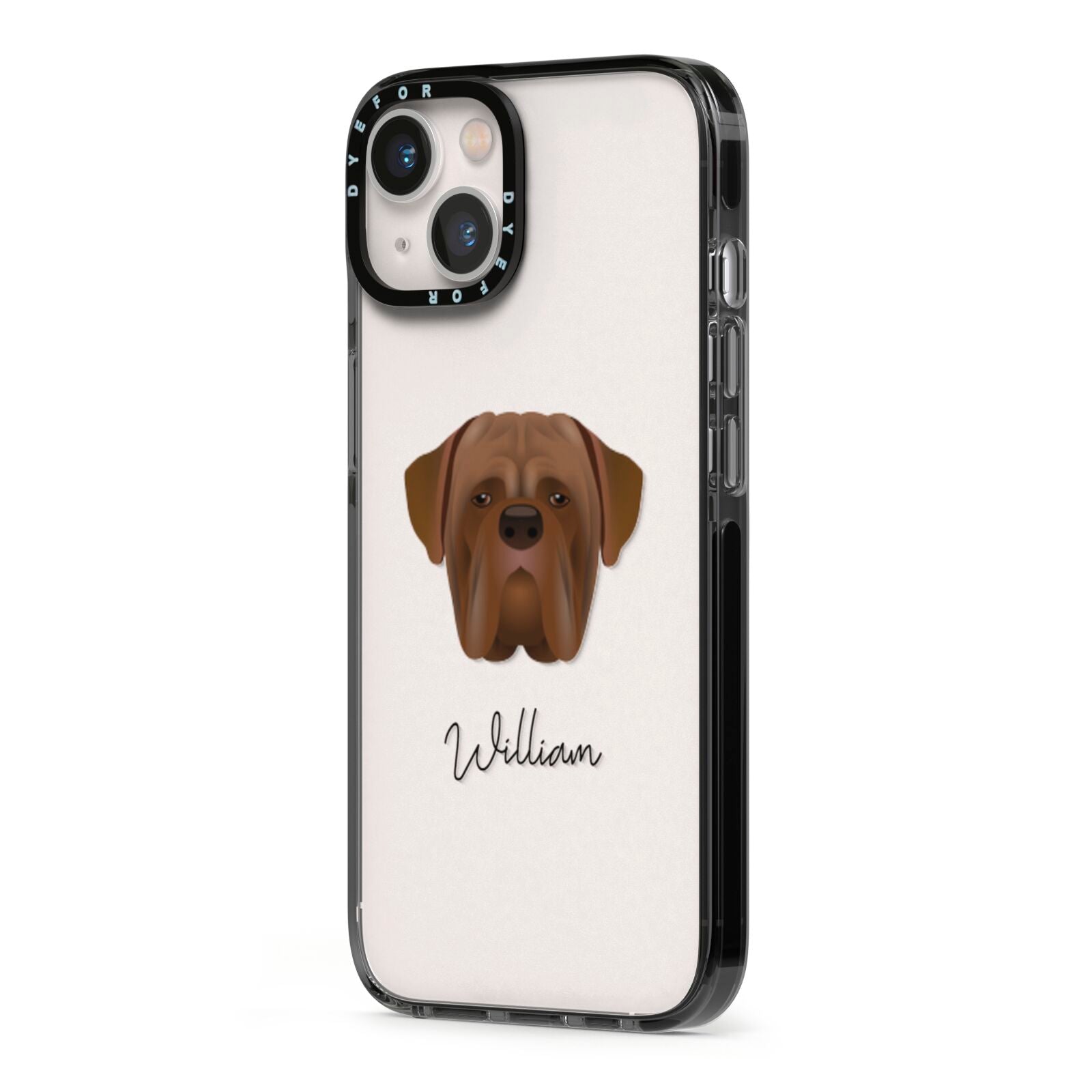 Dogue de Bordeaux Personalised iPhone 13 Black Impact Case Side Angle on Silver phone