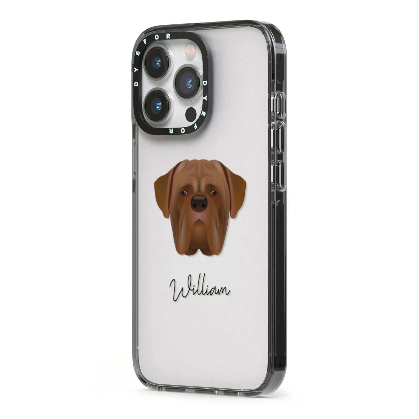 Dogue de Bordeaux Personalised iPhone 13 Pro Black Impact Case Side Angle on Silver phone