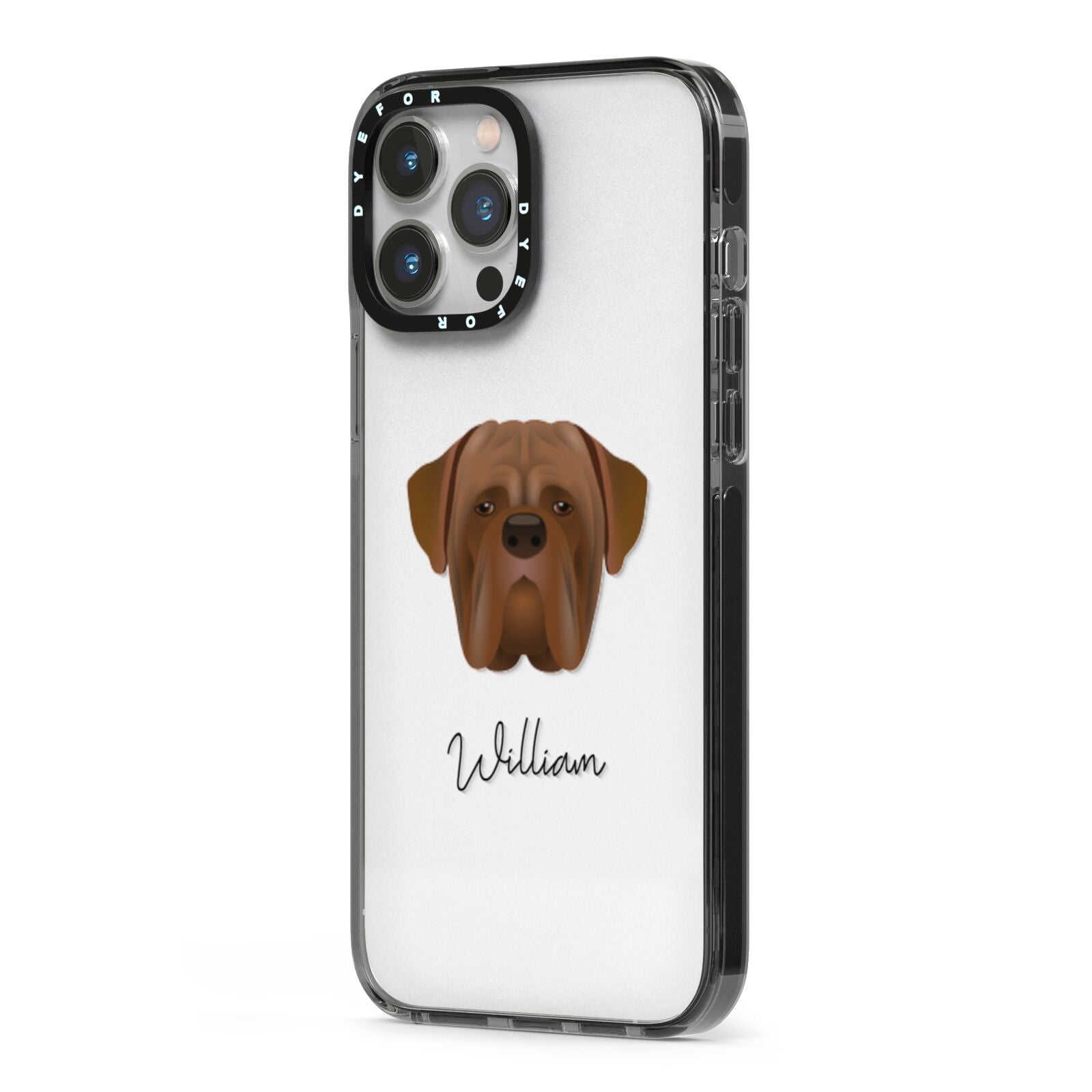 Dogue de Bordeaux Personalised iPhone 13 Pro Max Black Impact Case Side Angle on Silver phone