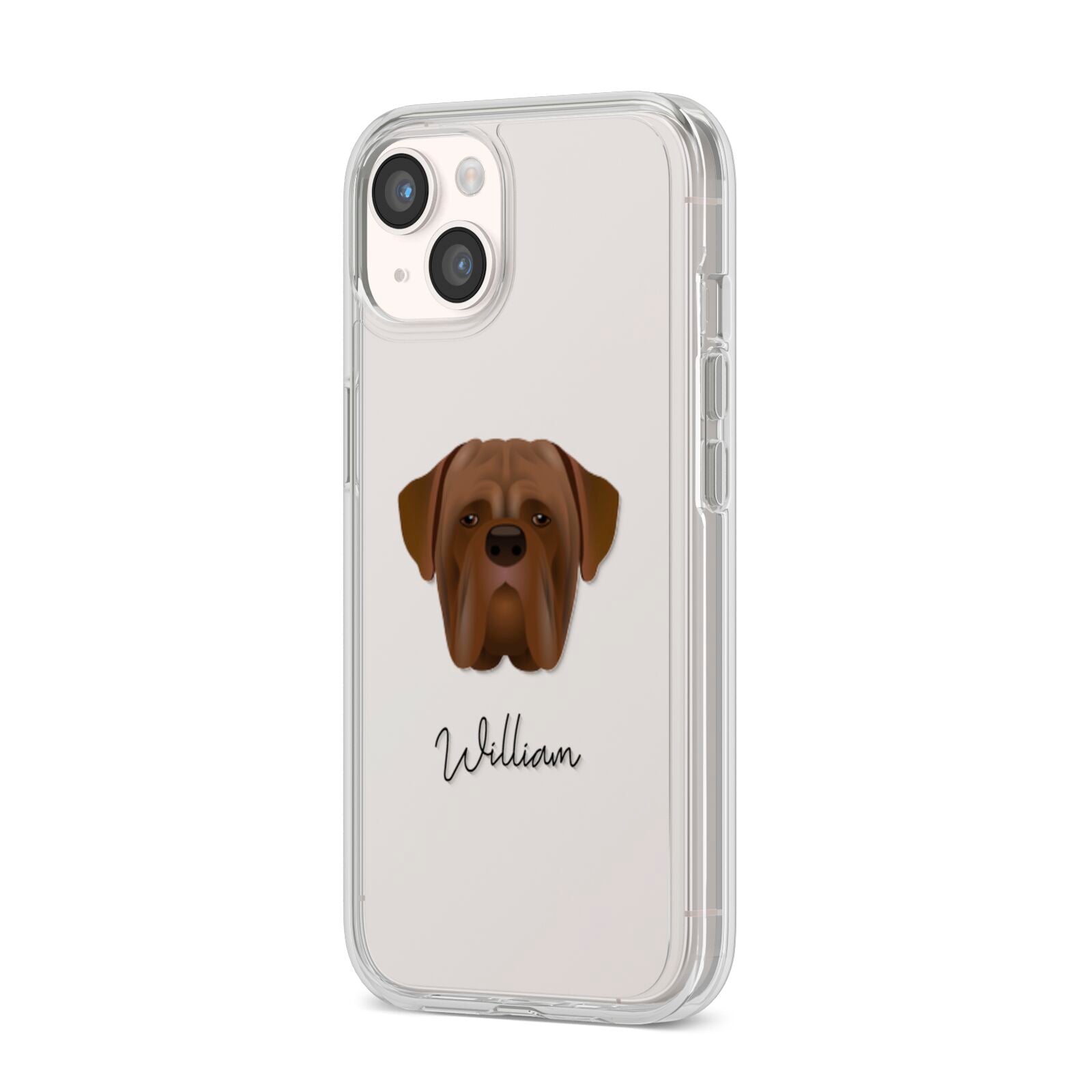 Dogue de Bordeaux Personalised iPhone 14 Clear Tough Case Starlight Angled Image