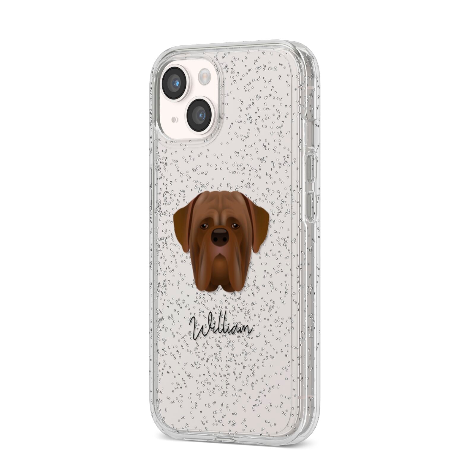 Dogue de Bordeaux Personalised iPhone 14 Glitter Tough Case Starlight Angled Image