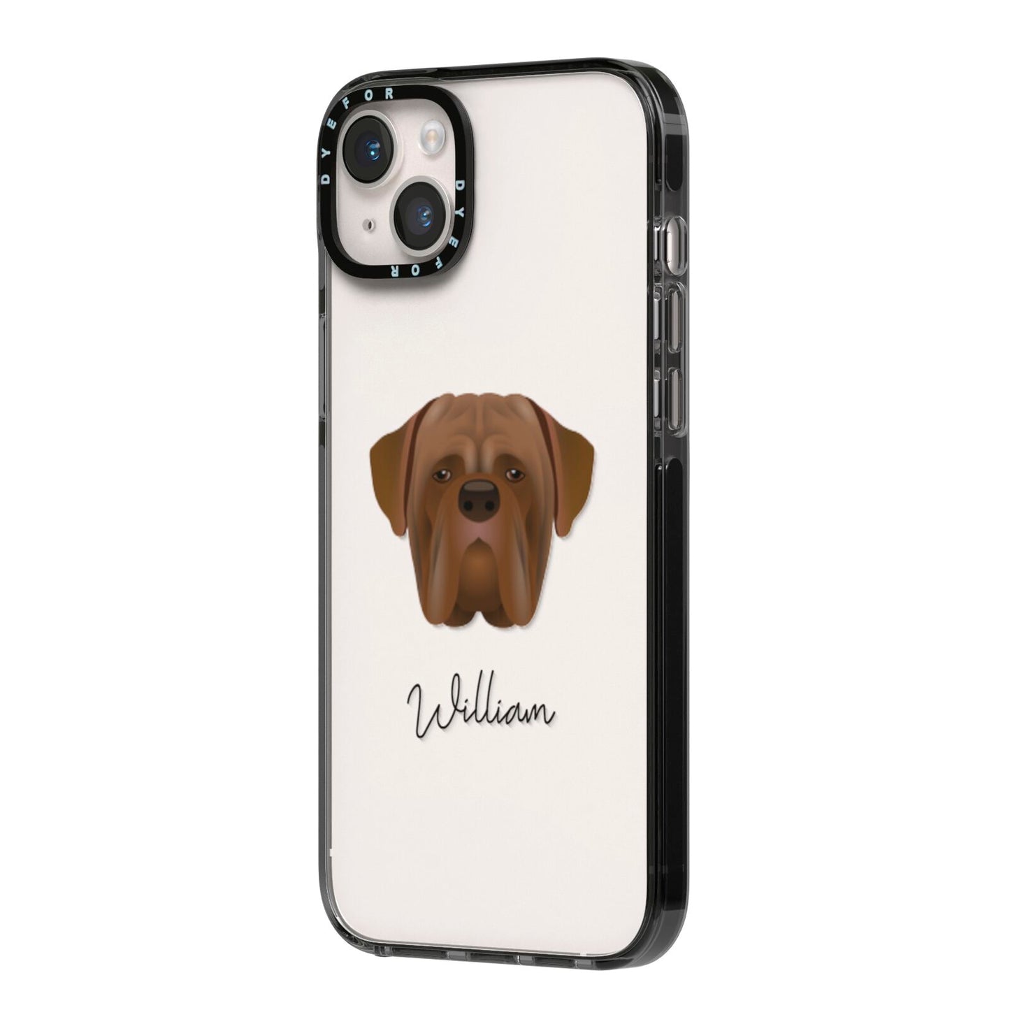 Dogue de Bordeaux Personalised iPhone 14 Plus Black Impact Case Side Angle on Silver phone