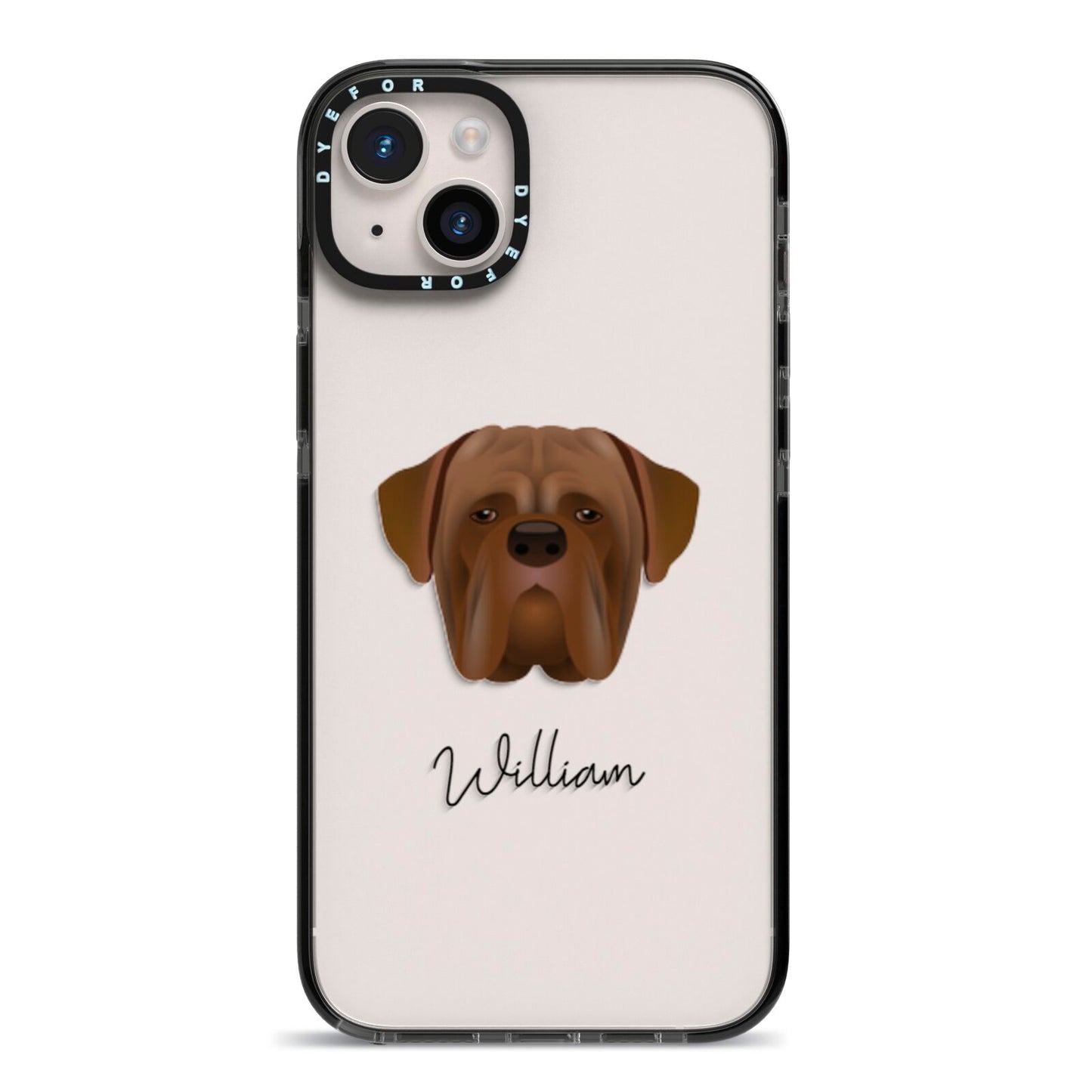 Dogue de Bordeaux Personalised iPhone 14 Plus Black Impact Case on Silver phone
