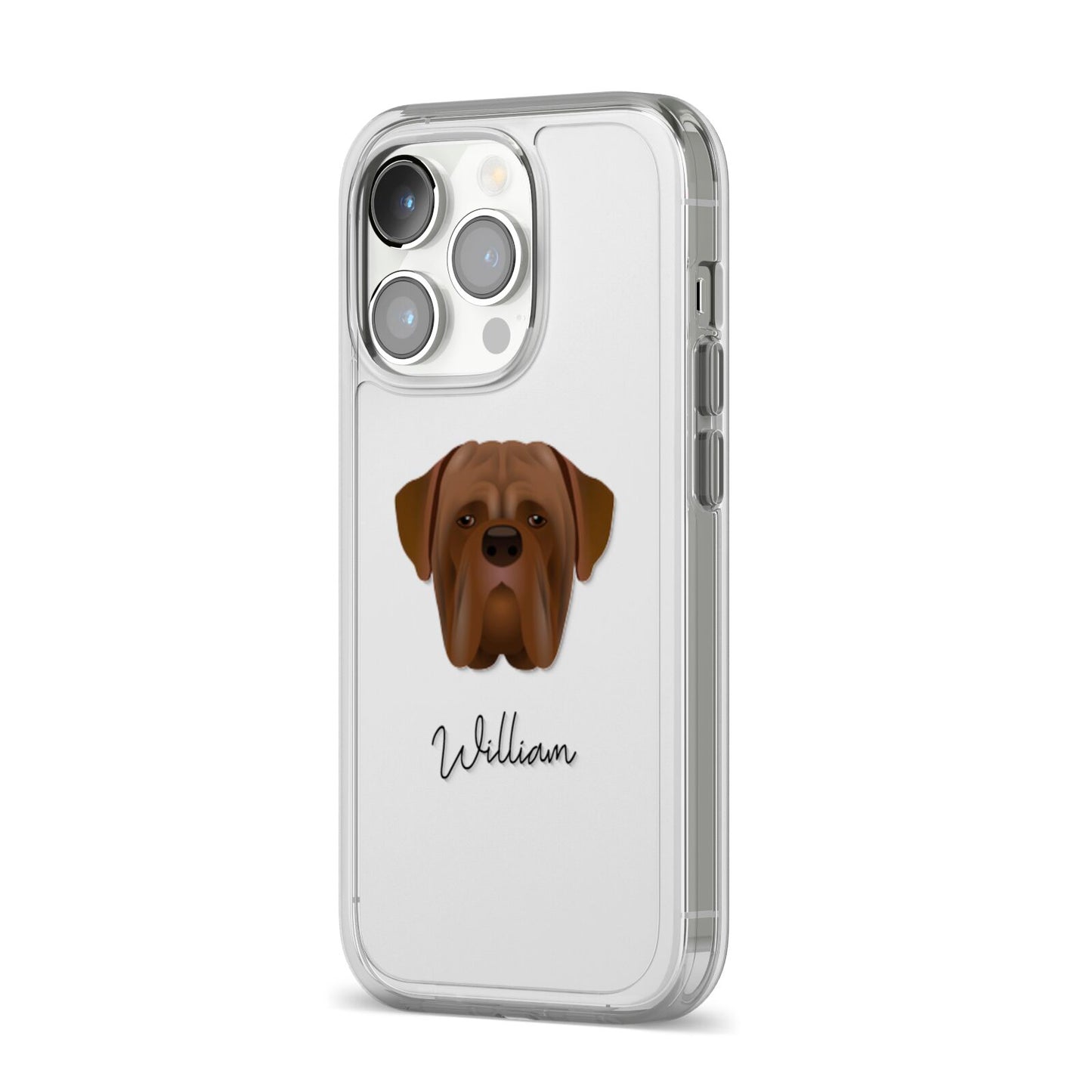 Dogue de Bordeaux Personalised iPhone 14 Pro Clear Tough Case Silver Angled Image