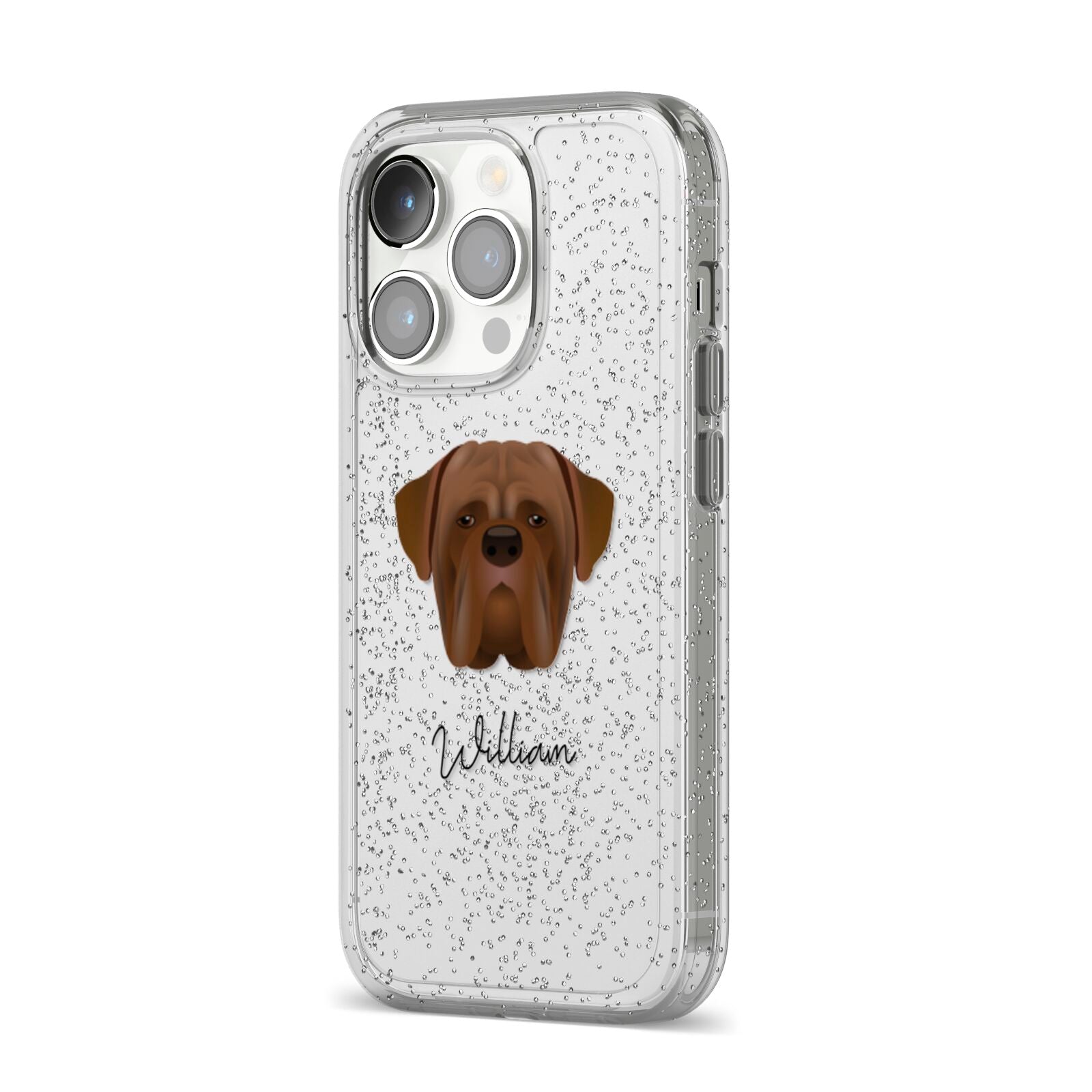 Dogue de Bordeaux Personalised iPhone 14 Pro Glitter Tough Case Silver Angled Image