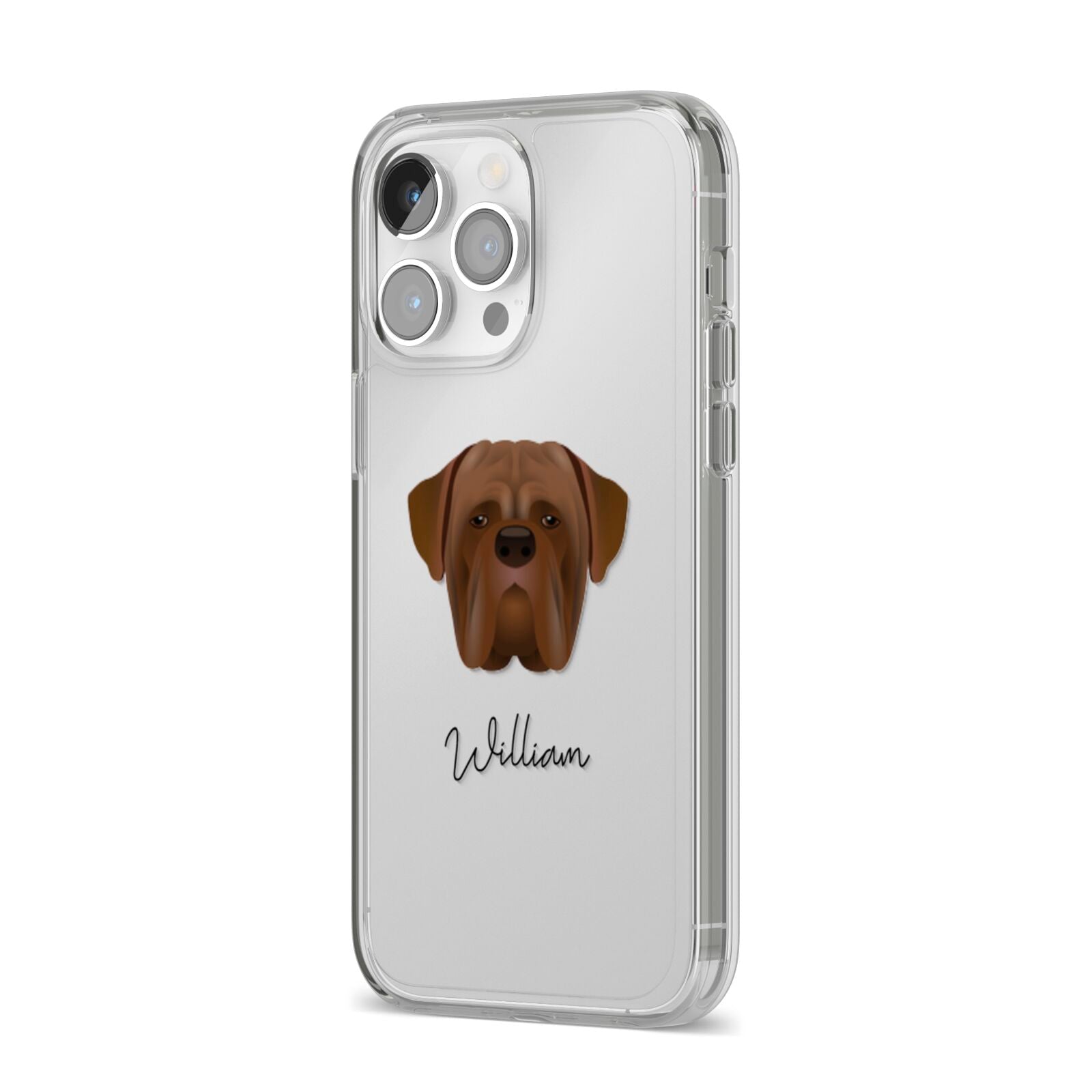 Dogue de Bordeaux Personalised iPhone 14 Pro Max Clear Tough Case Silver Angled Image