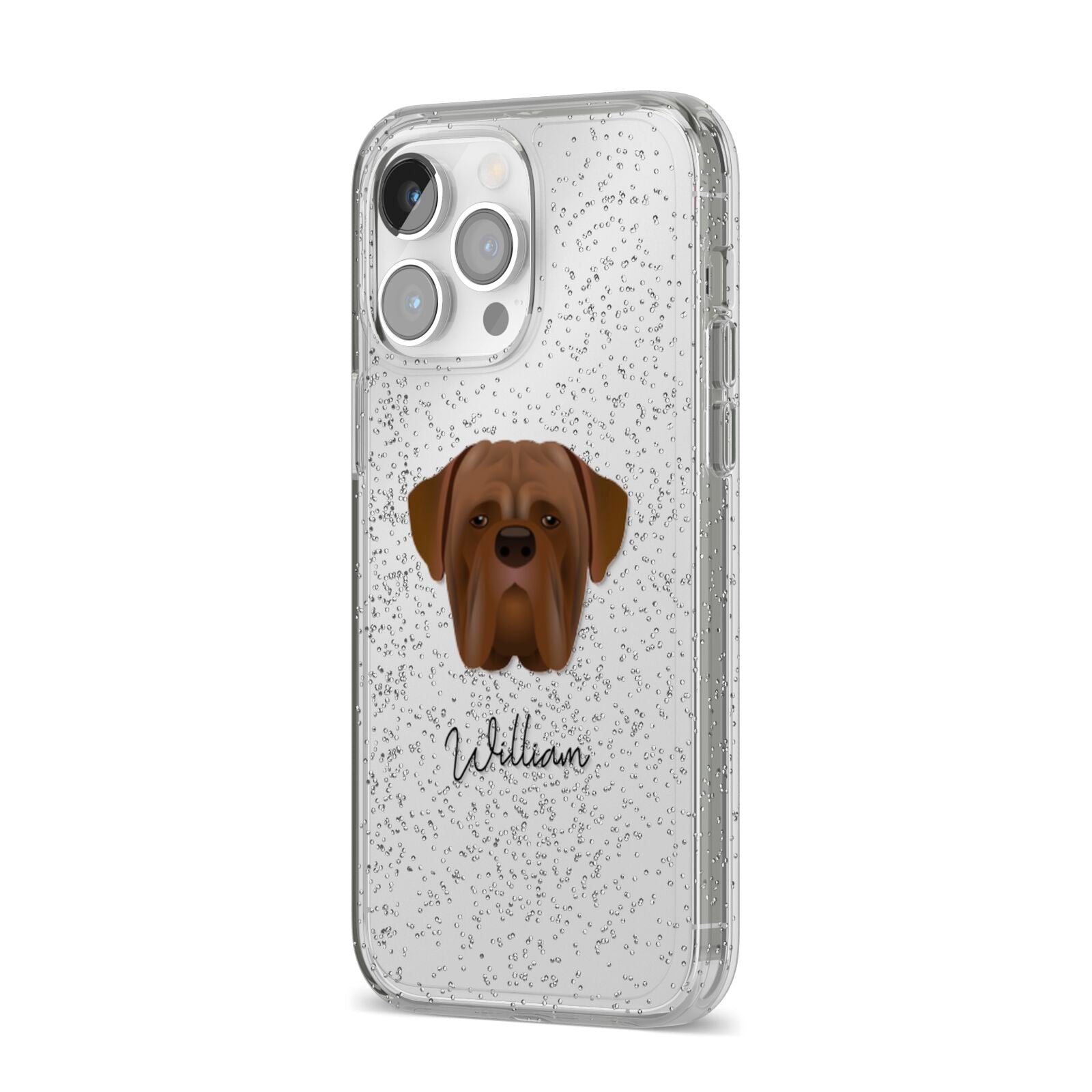 Dogue de Bordeaux Personalised iPhone 14 Pro Max Glitter Tough Case Silver Angled Image