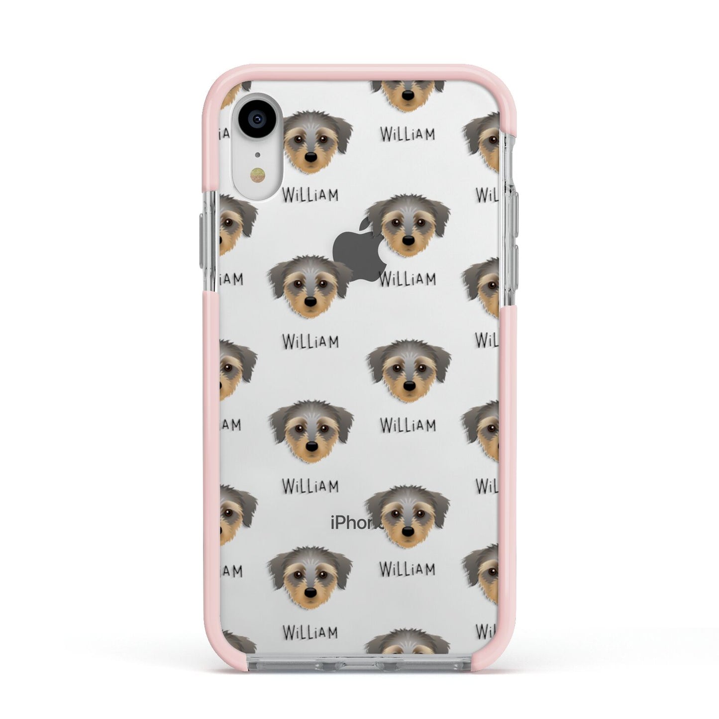 Dorkie Icon with Name Apple iPhone XR Impact Case Pink Edge on Silver Phone