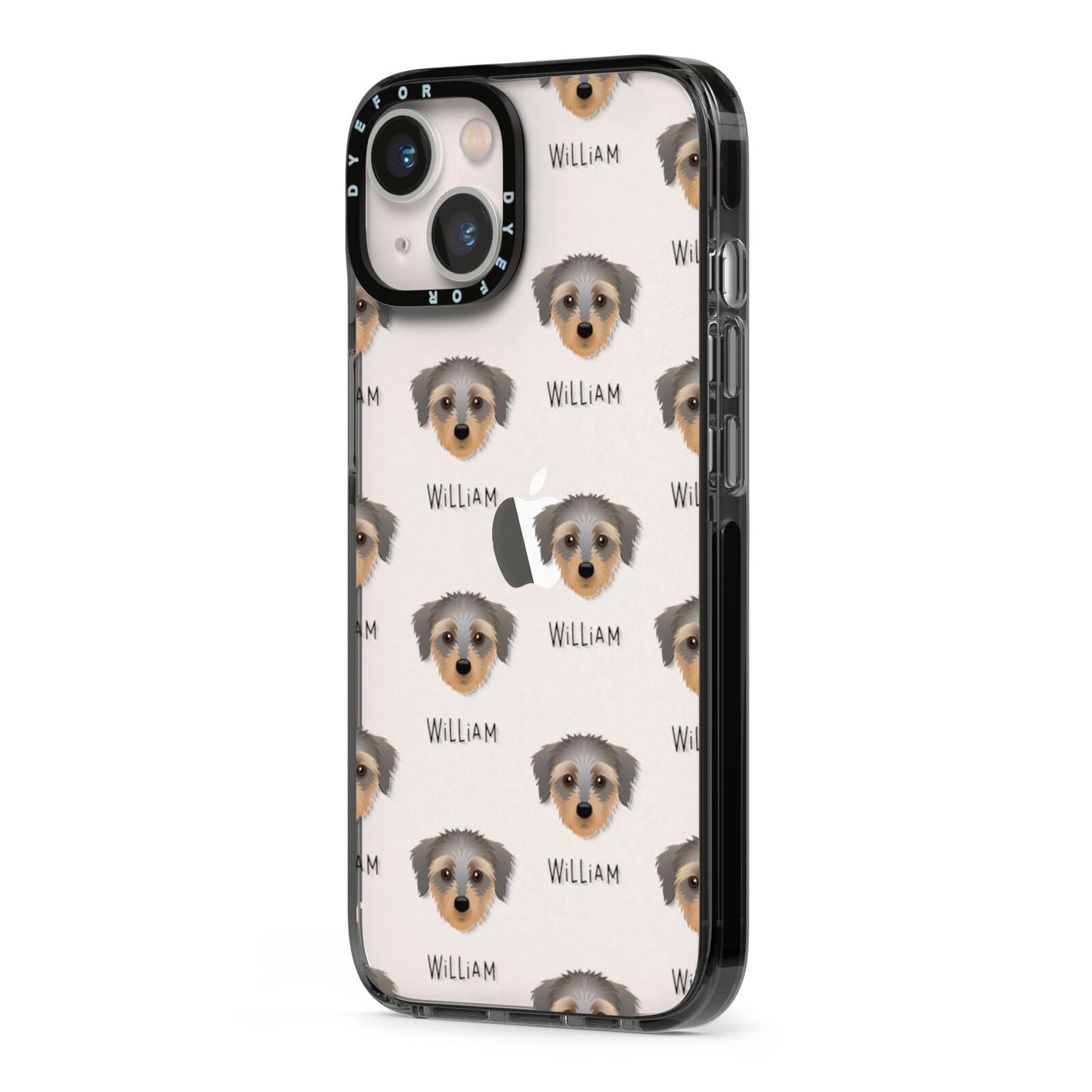 Dorkie Icon with Name iPhone 13 Black Impact Case Side Angle on Silver phone
