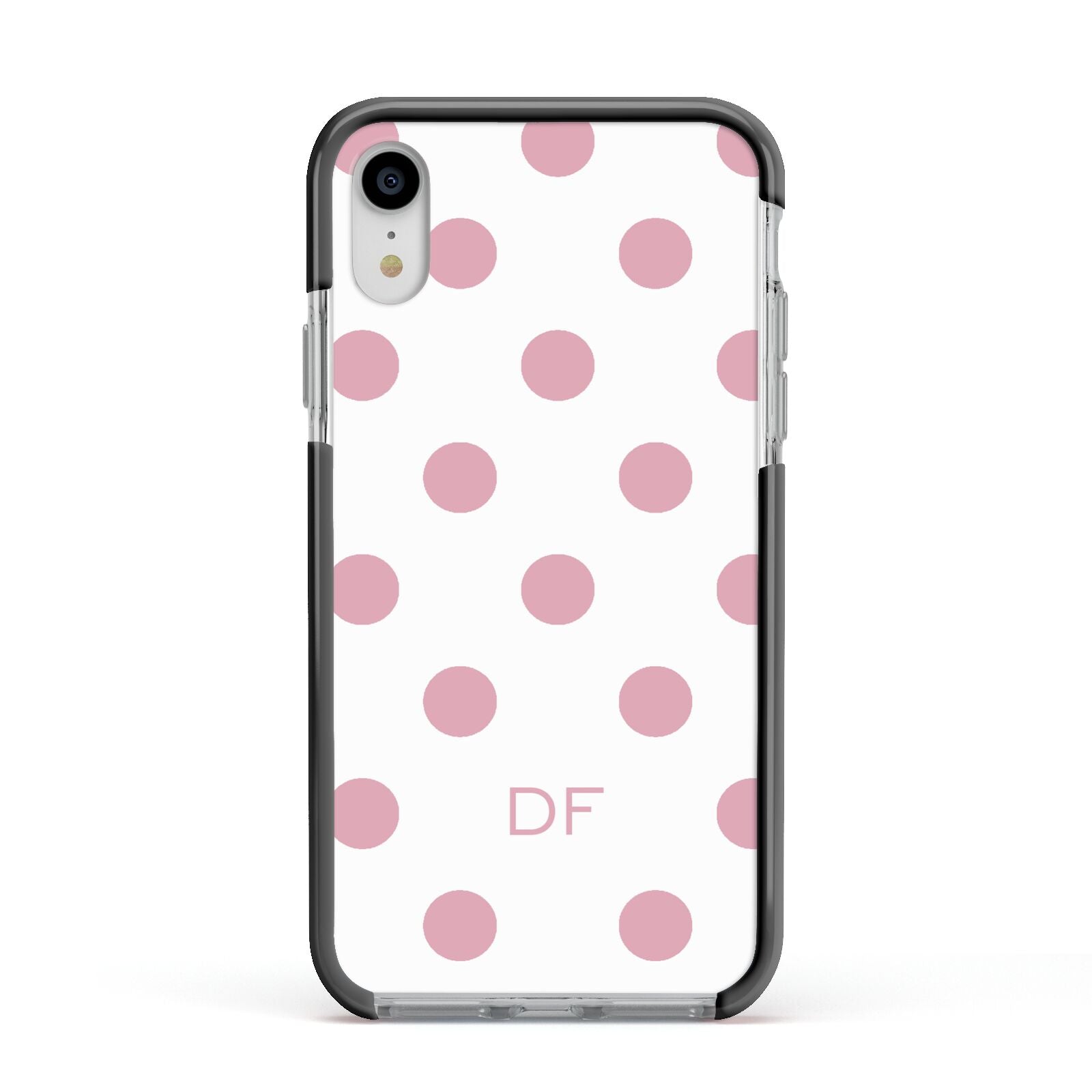 Dots Initials Personalised Apple iPhone XR Impact Case Black Edge on Silver Phone