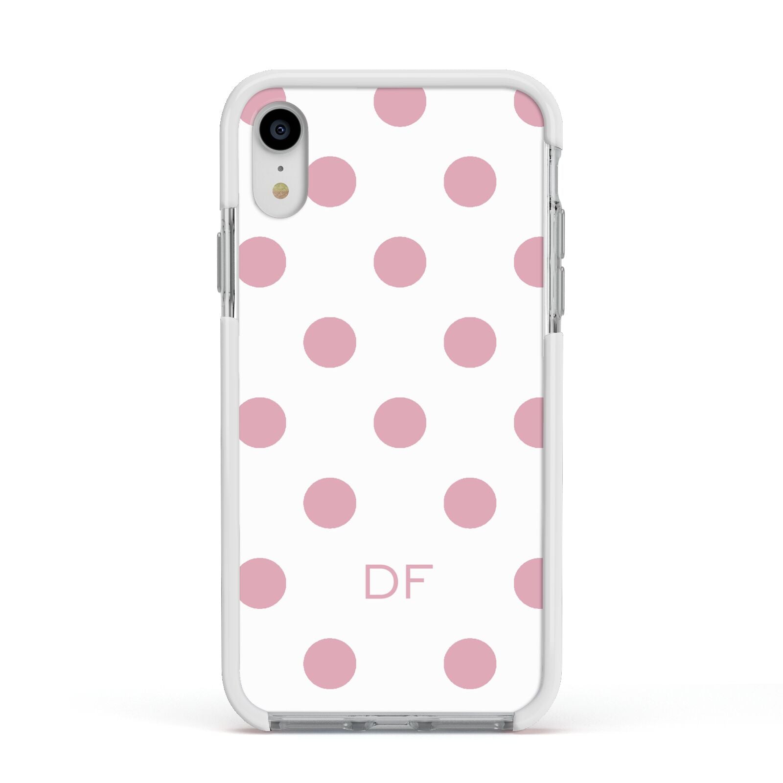 Dots Initials Personalised Apple iPhone XR Impact Case White Edge on Silver Phone