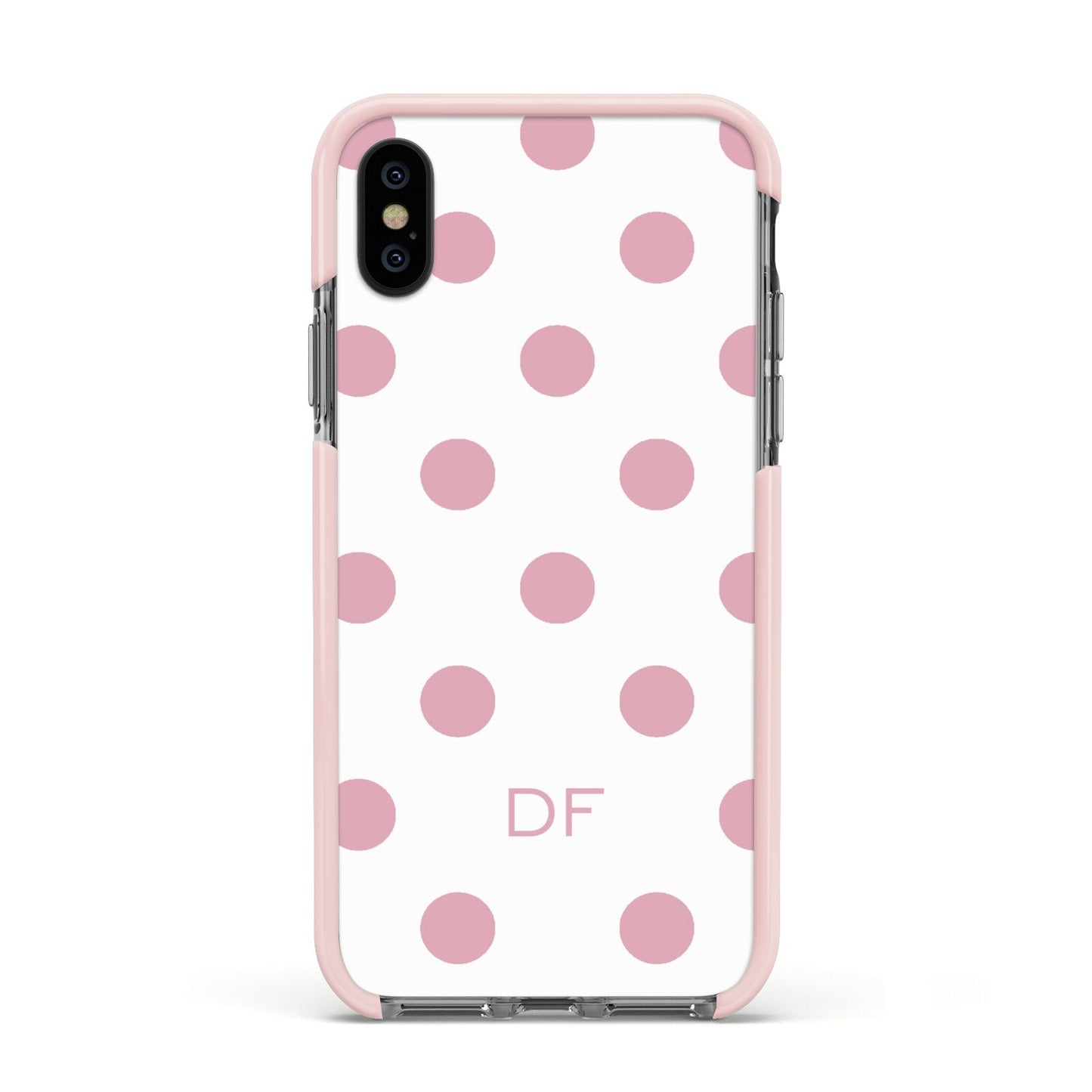 Dots Initials Personalised Apple iPhone Xs Impact Case Pink Edge on Black Phone