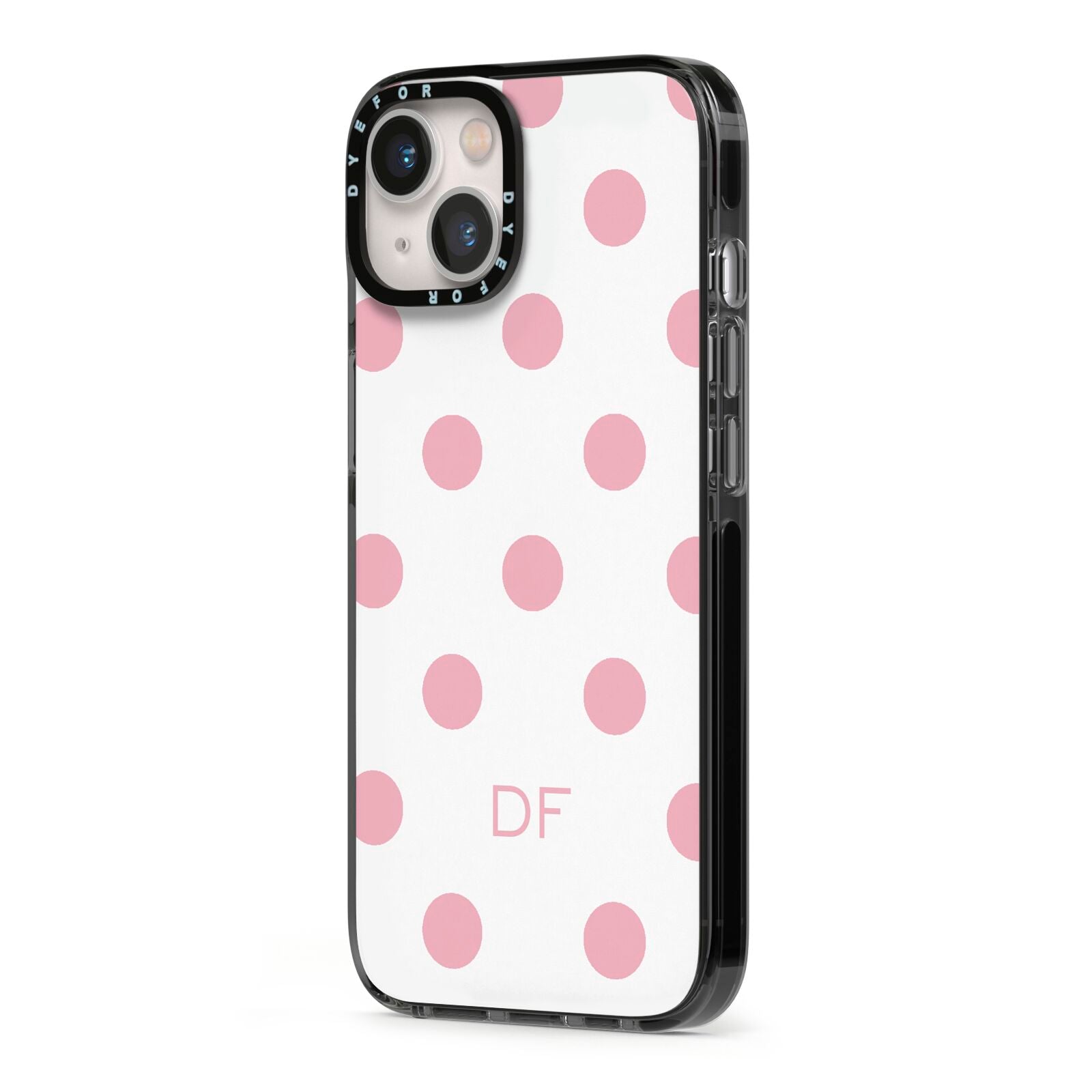 Dots Initials Personalised iPhone 13 Black Impact Case Side Angle on Silver phone