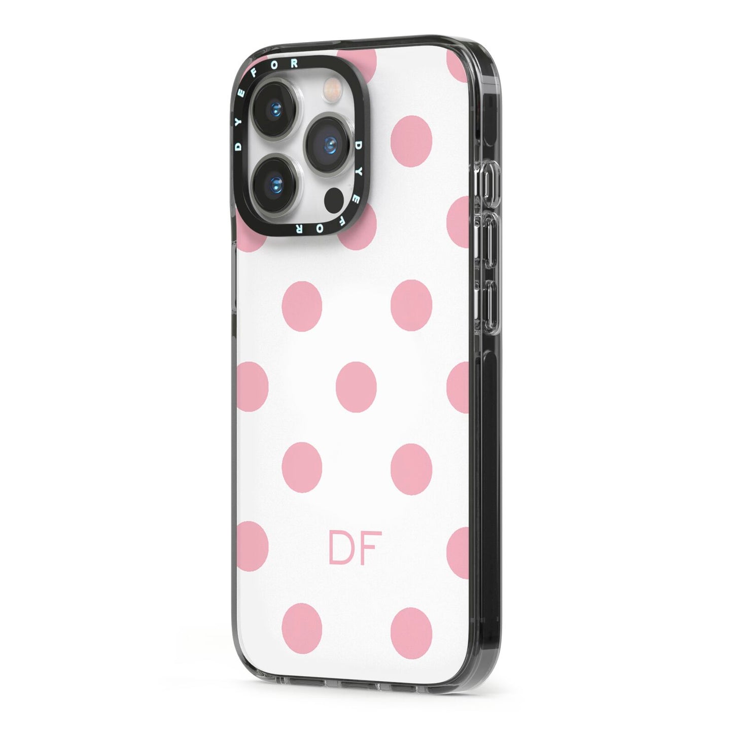 Dots Initials Personalised iPhone 13 Pro Black Impact Case Side Angle on Silver phone