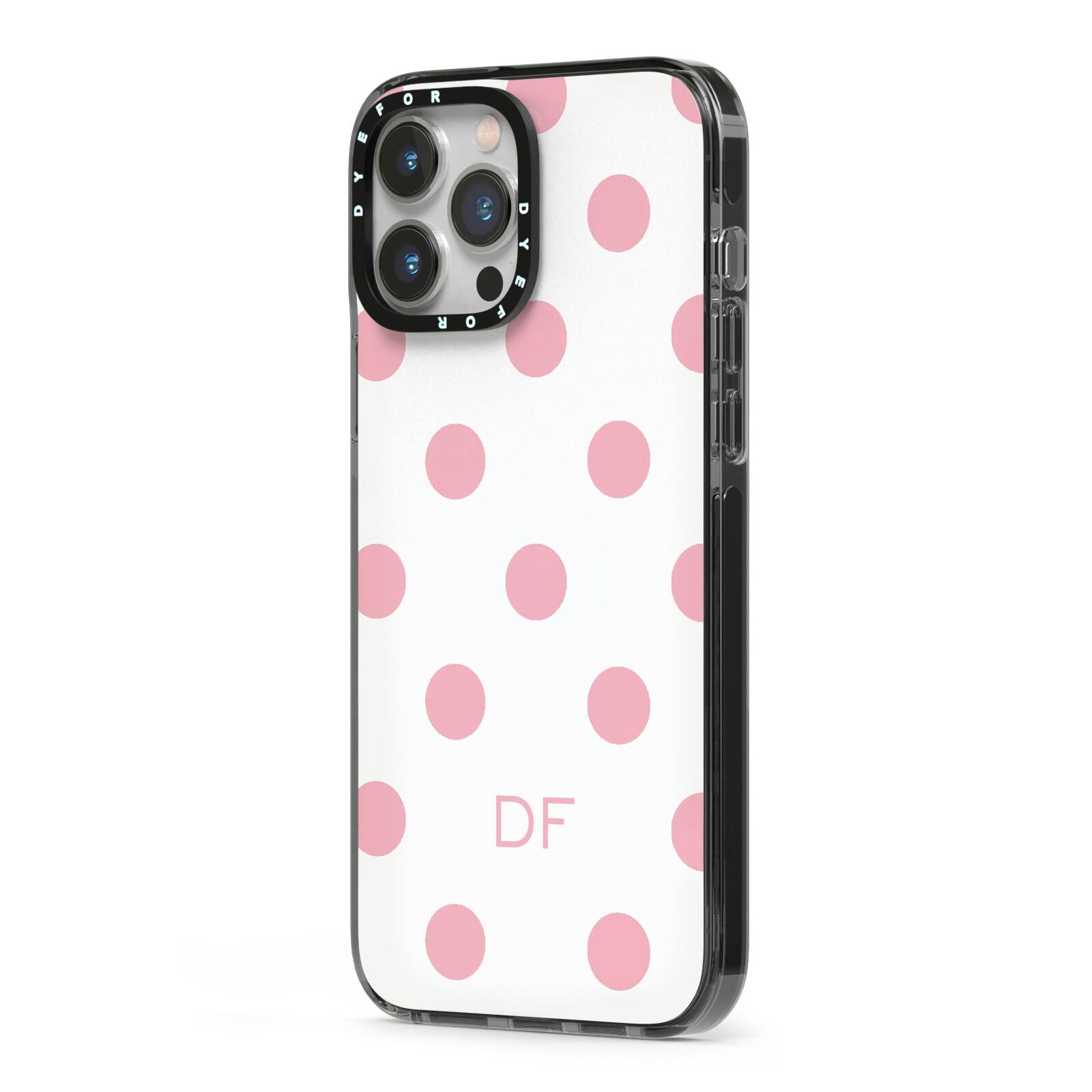 Dots Initials Personalised iPhone 13 Pro Max Black Impact Case Side Angle on Silver phone