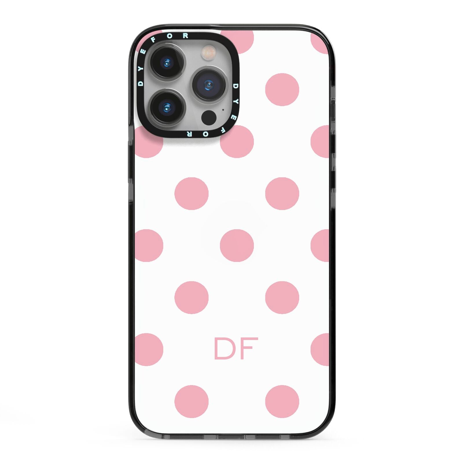 Dots Initials Personalised iPhone 13 Pro Max Black Impact Case on Silver phone