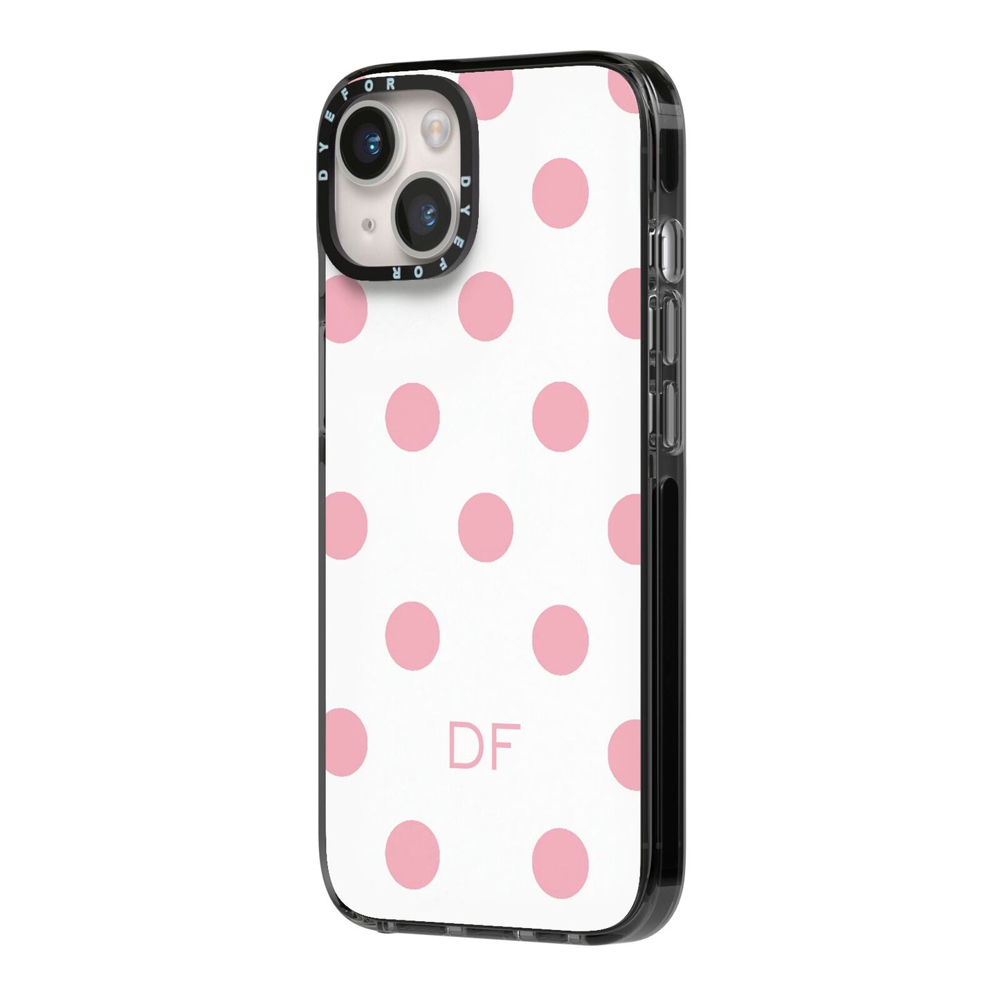Dots Initials Personalised iPhone 14 Black Impact Case Side Angle on Silver phone