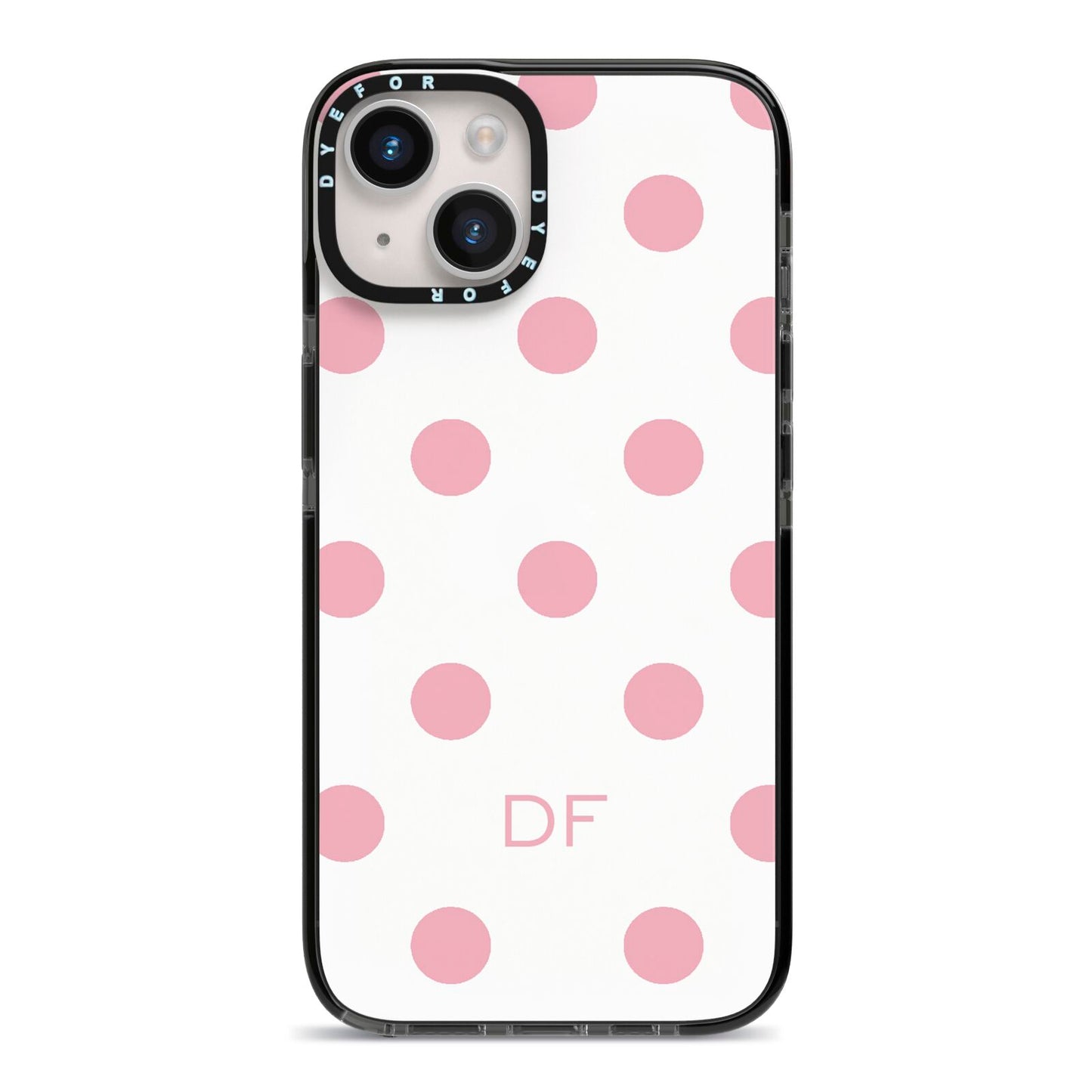 Dots Initials Personalised iPhone 14 Black Impact Case on Silver phone