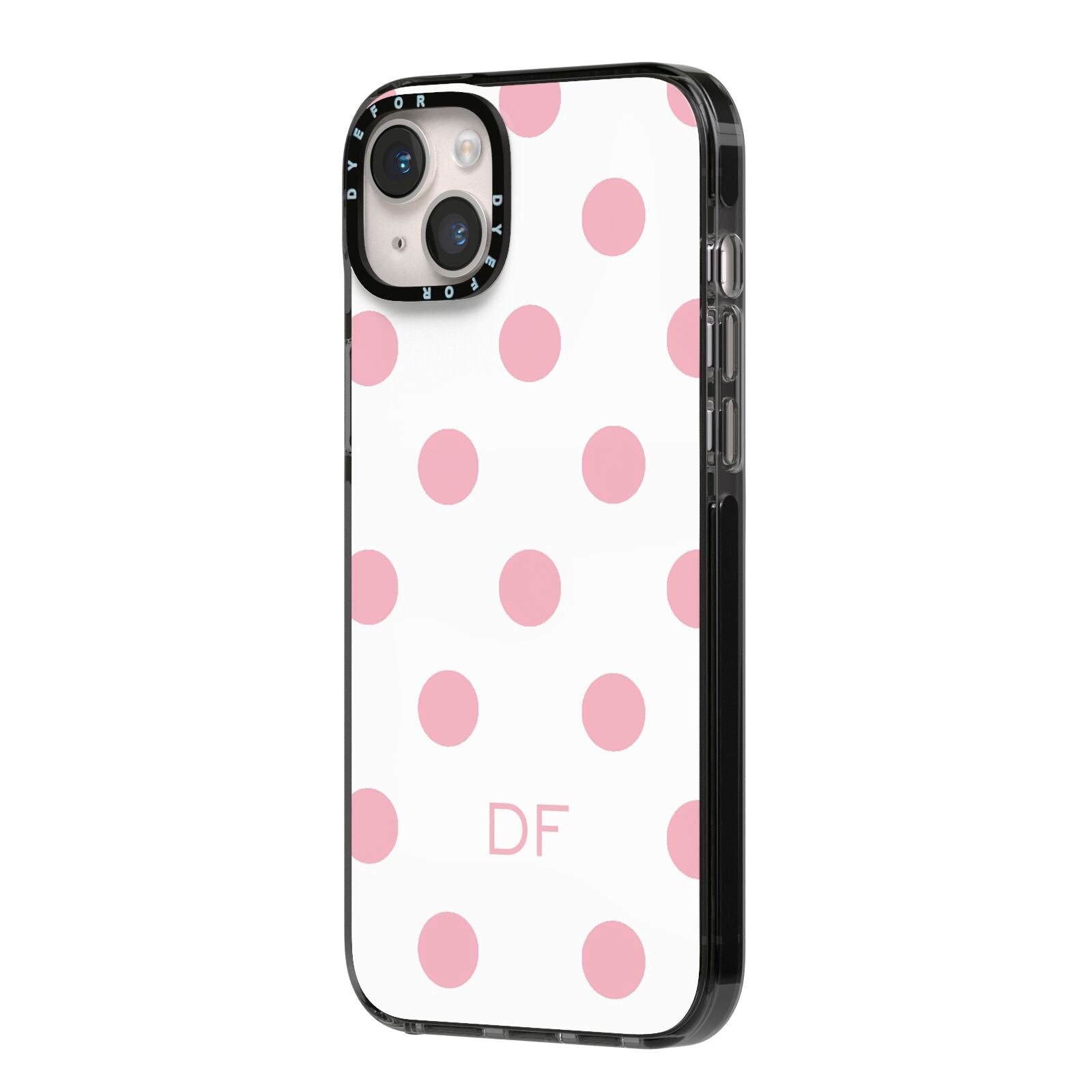Dots Initials Personalised iPhone 14 Plus Black Impact Case Side Angle on Silver phone