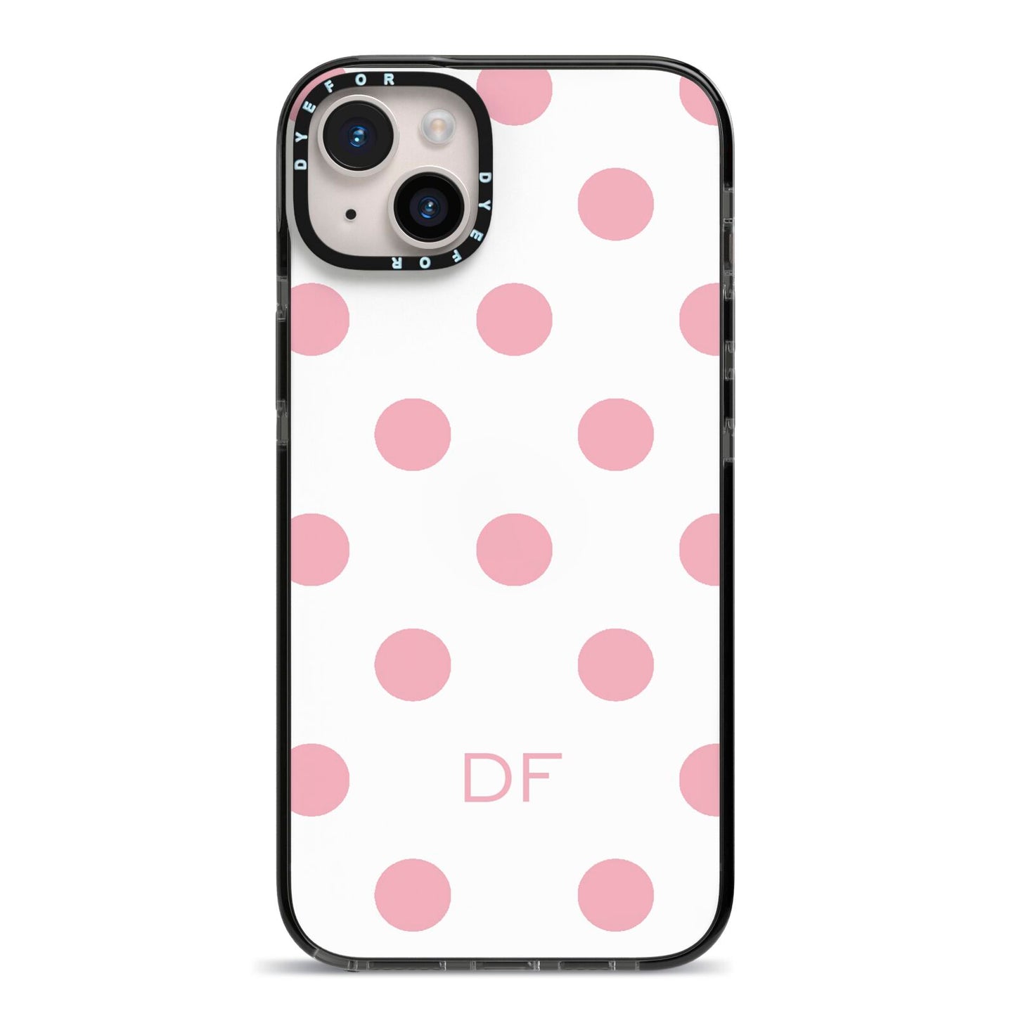 Dots Initials Personalised iPhone 14 Plus Black Impact Case on Silver phone
