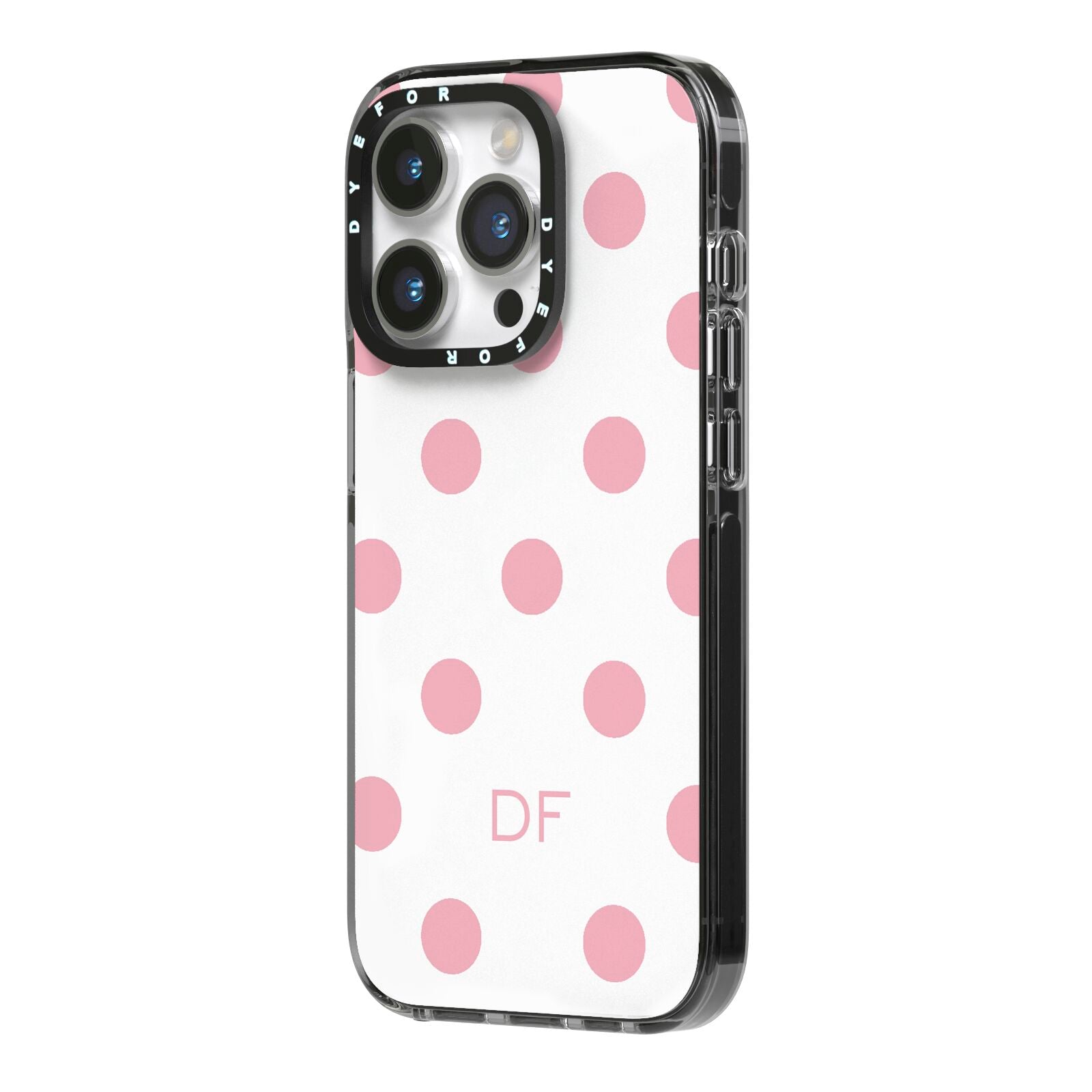 Dots Initials Personalised iPhone 14 Pro Black Impact Case Side Angle on Silver phone