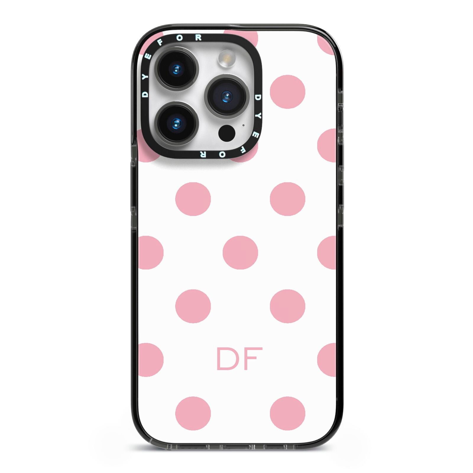 Dots Initials Personalised iPhone 14 Pro Black Impact Case on Silver phone