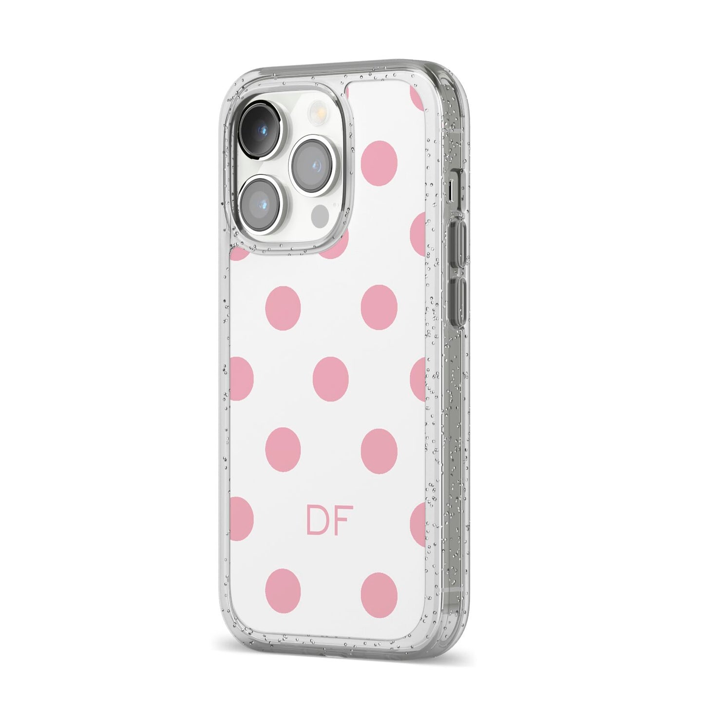 Dots Initials Personalised iPhone 14 Pro Glitter Tough Case Silver Angled Image