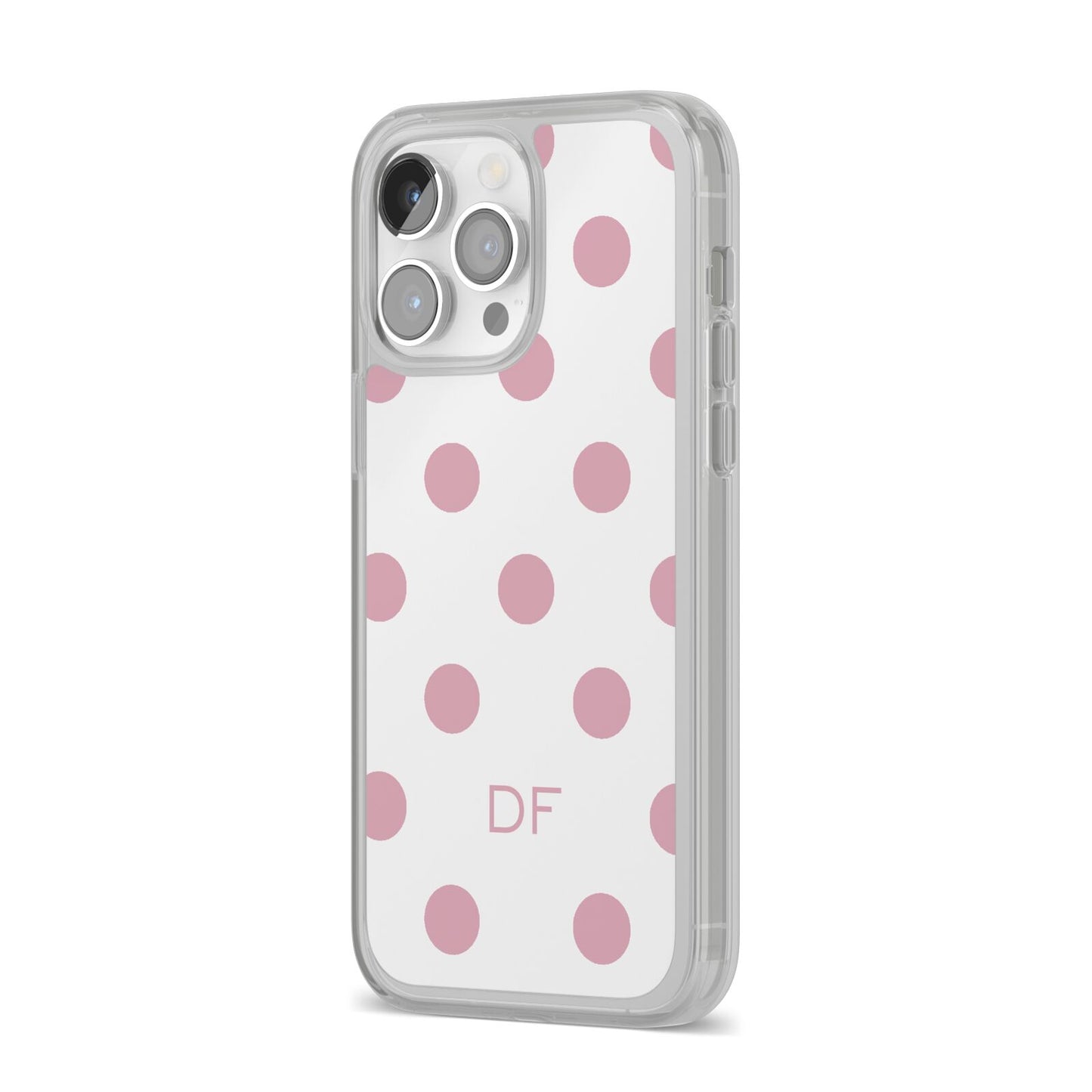 Dots Initials Personalised iPhone 14 Pro Max Clear Tough Case Silver Angled Image