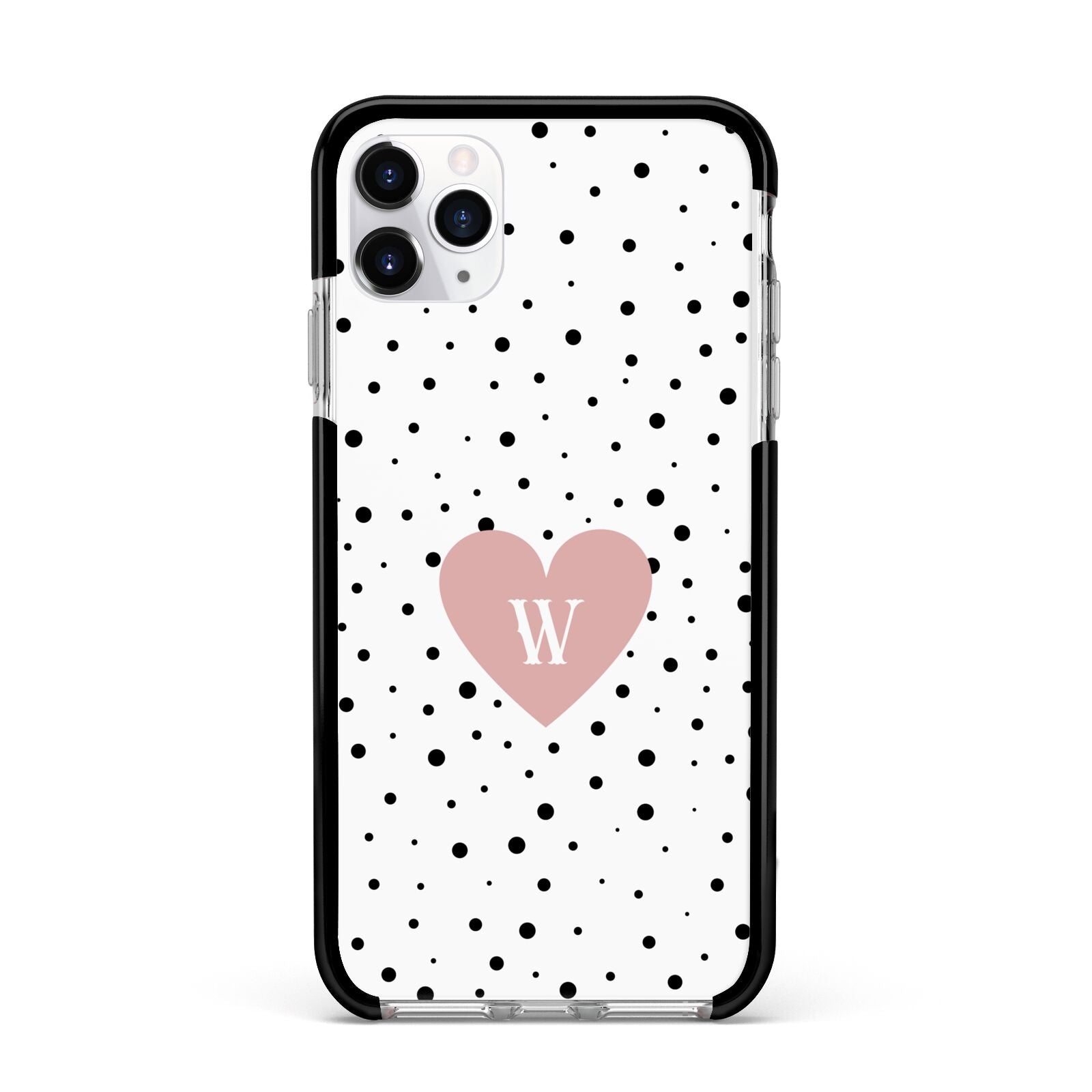 Dotted Pink Heart Personalised Apple iPhone 11 Pro Max in Silver with Black Impact Case