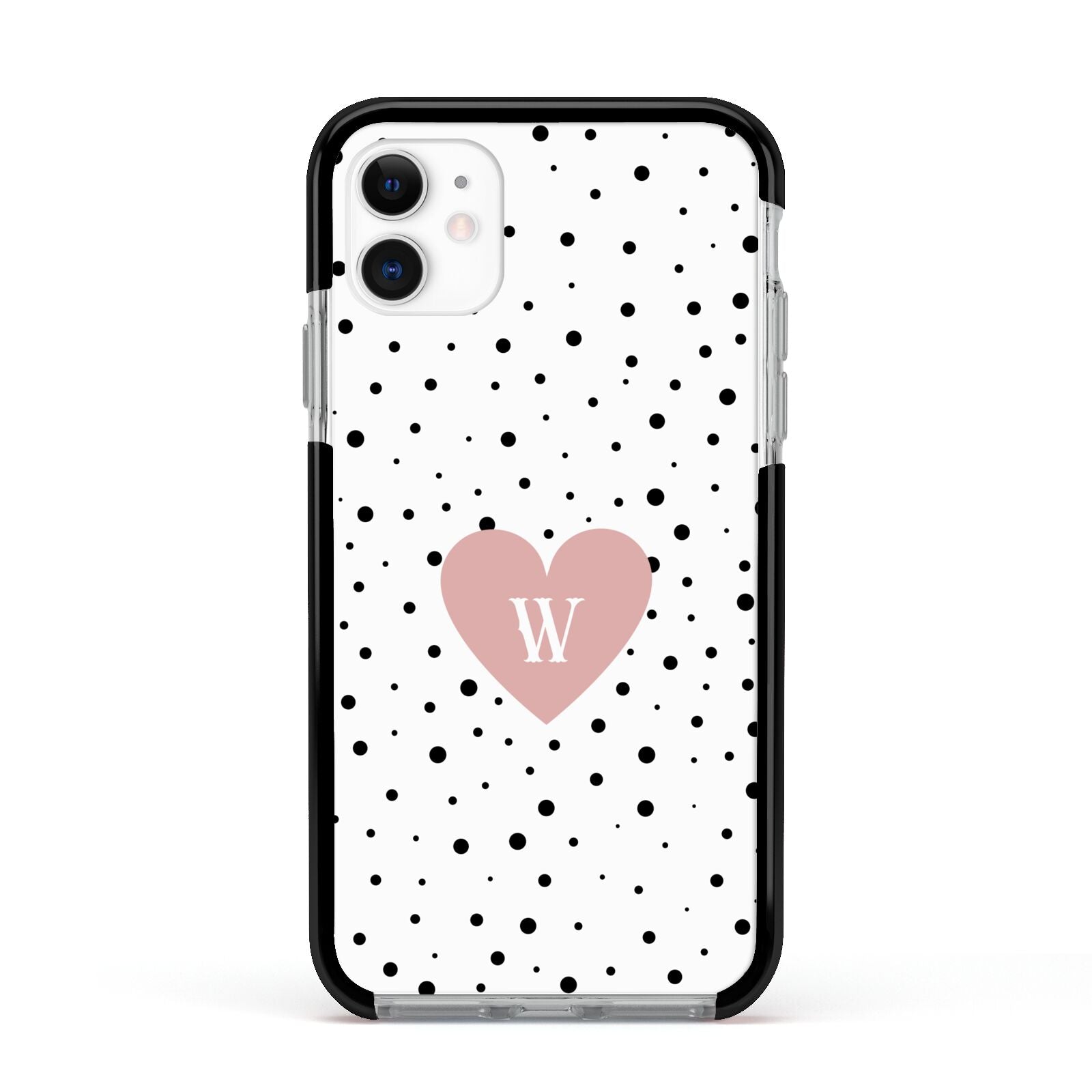 Dotted Pink Heart Personalised Apple iPhone 11 in White with Black Impact Case